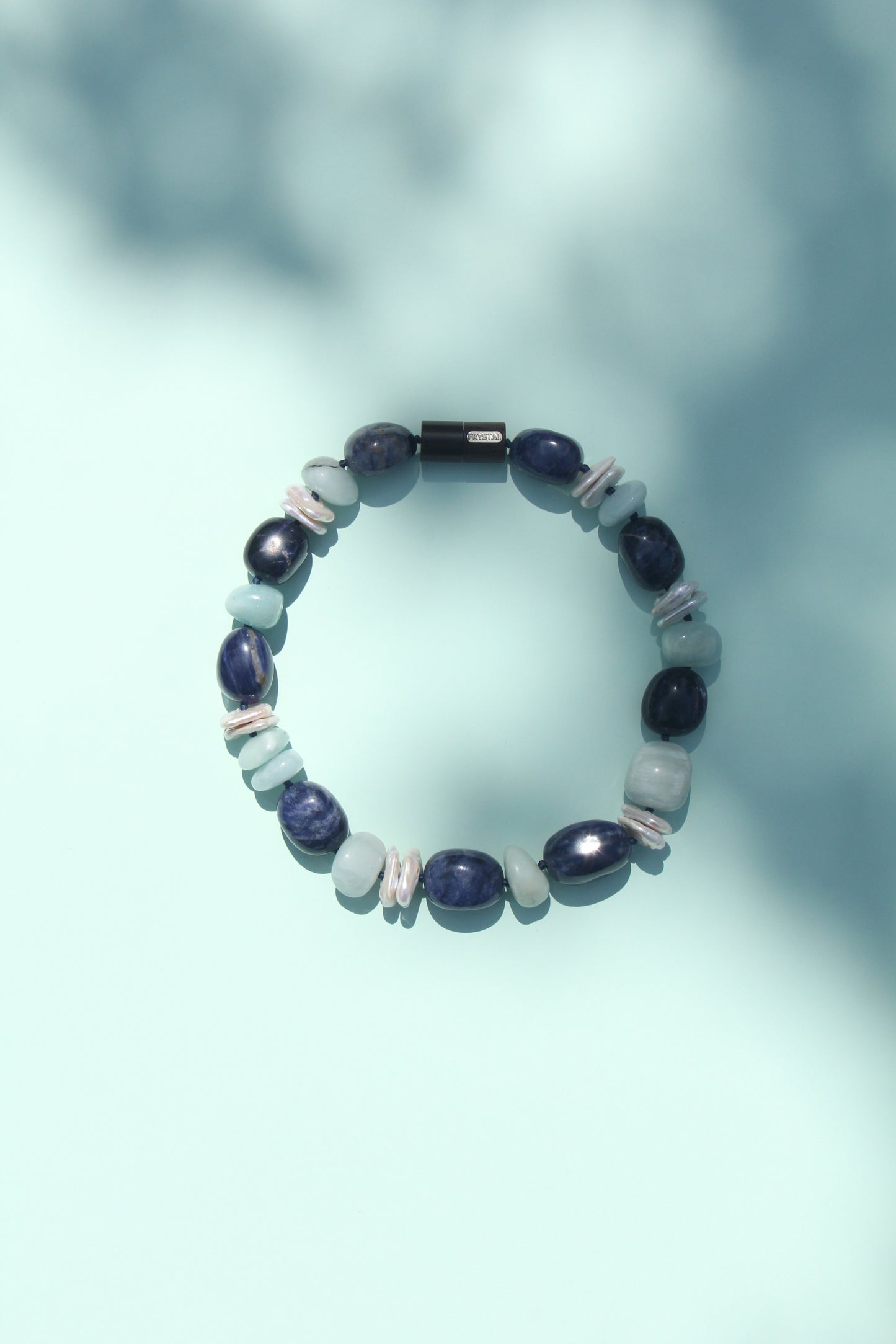 Necklace: aquamarine, blue vein stone, pearls