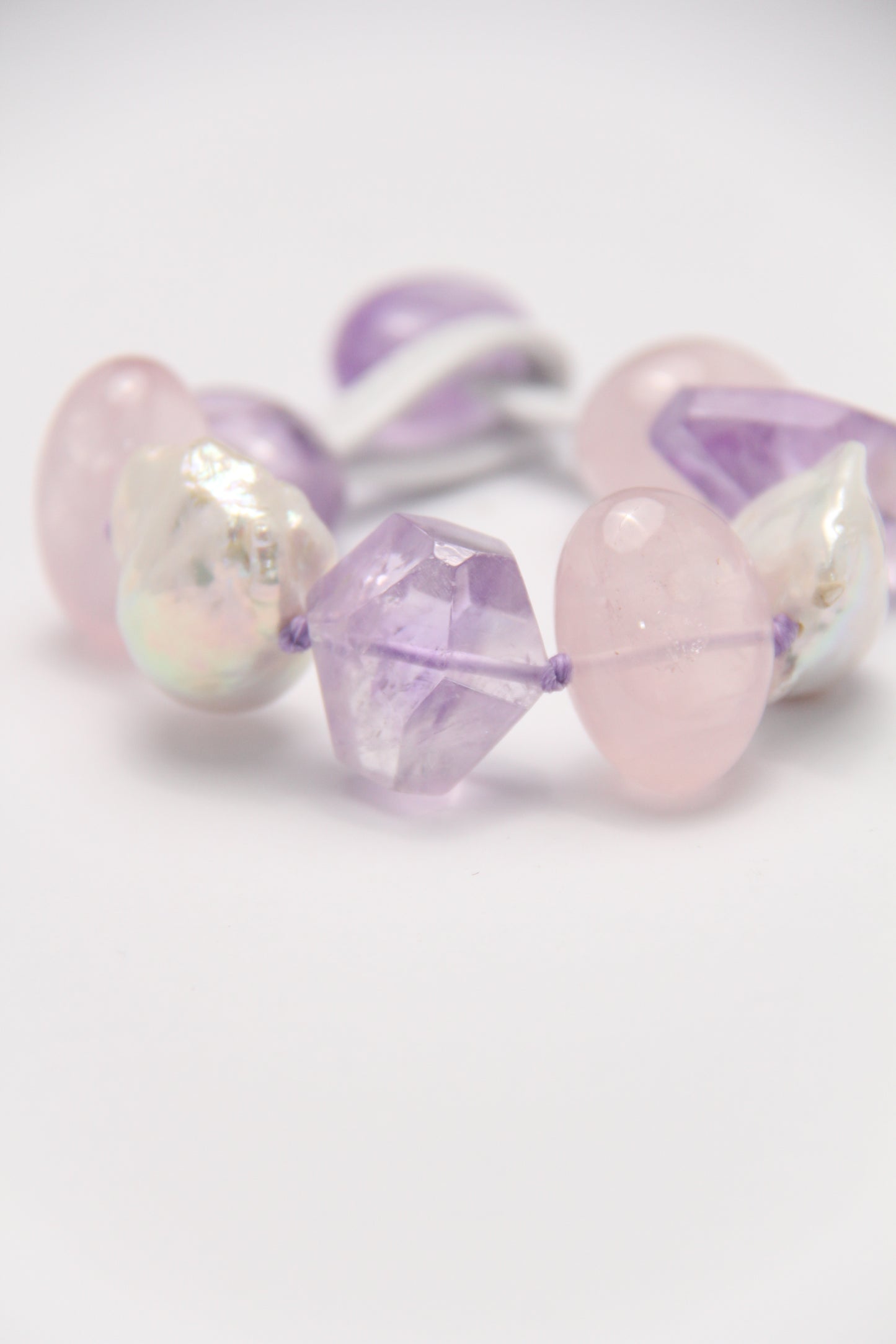 Bracelet: amethyst, rose quartz, pearls