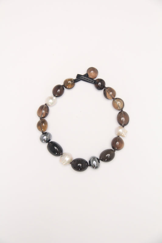 Necklace: smoky quartz, titanium magnet, pearls