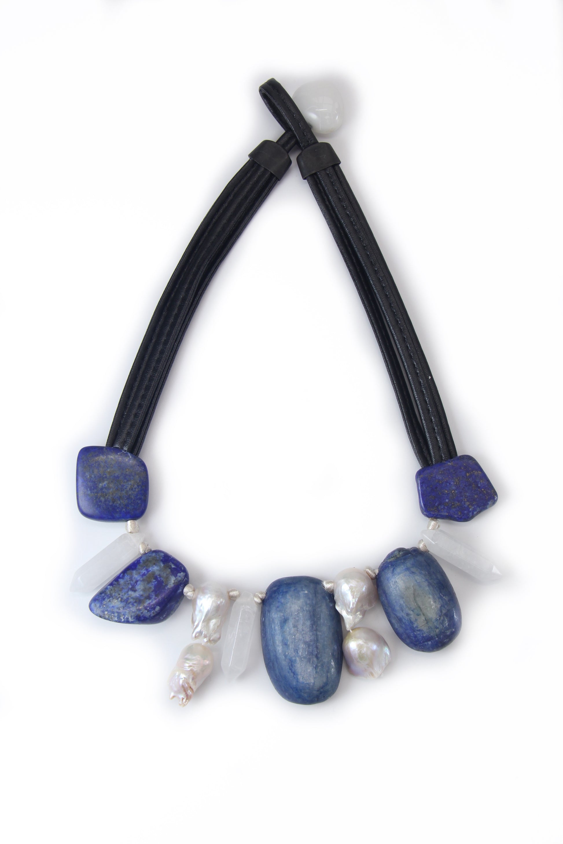 Chunky Crystal Necklace/Chunky Statement Necklace: pearls, lapis lazuli, kyanite, white crystal