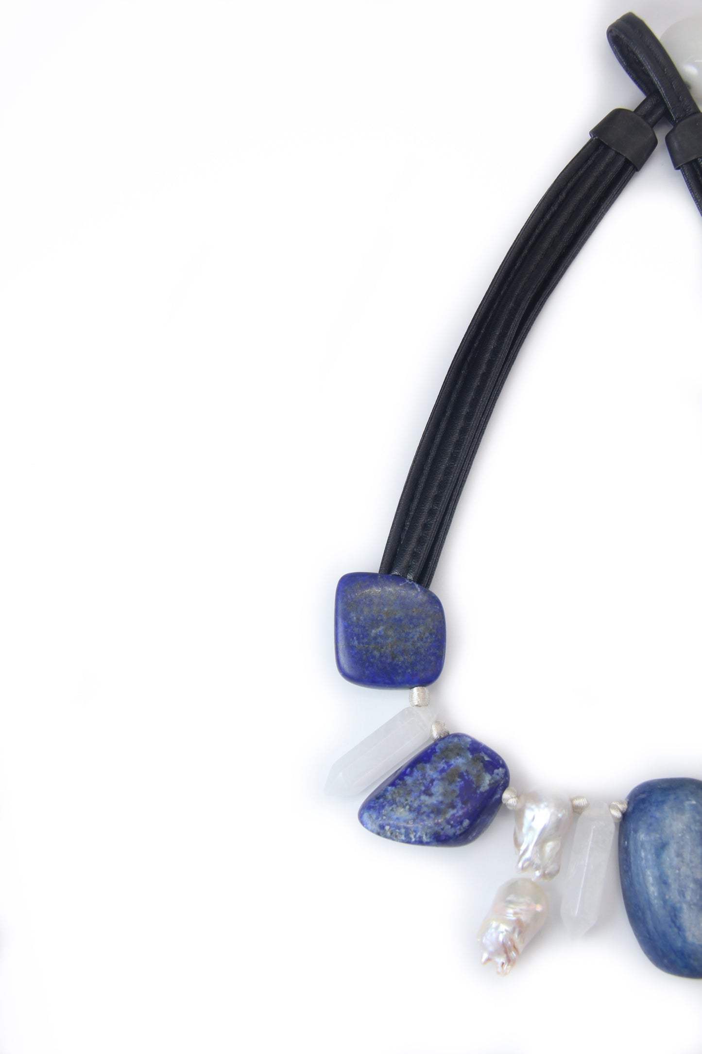 Necklace: pearls, lapis lazuli, kyanite, white crystal