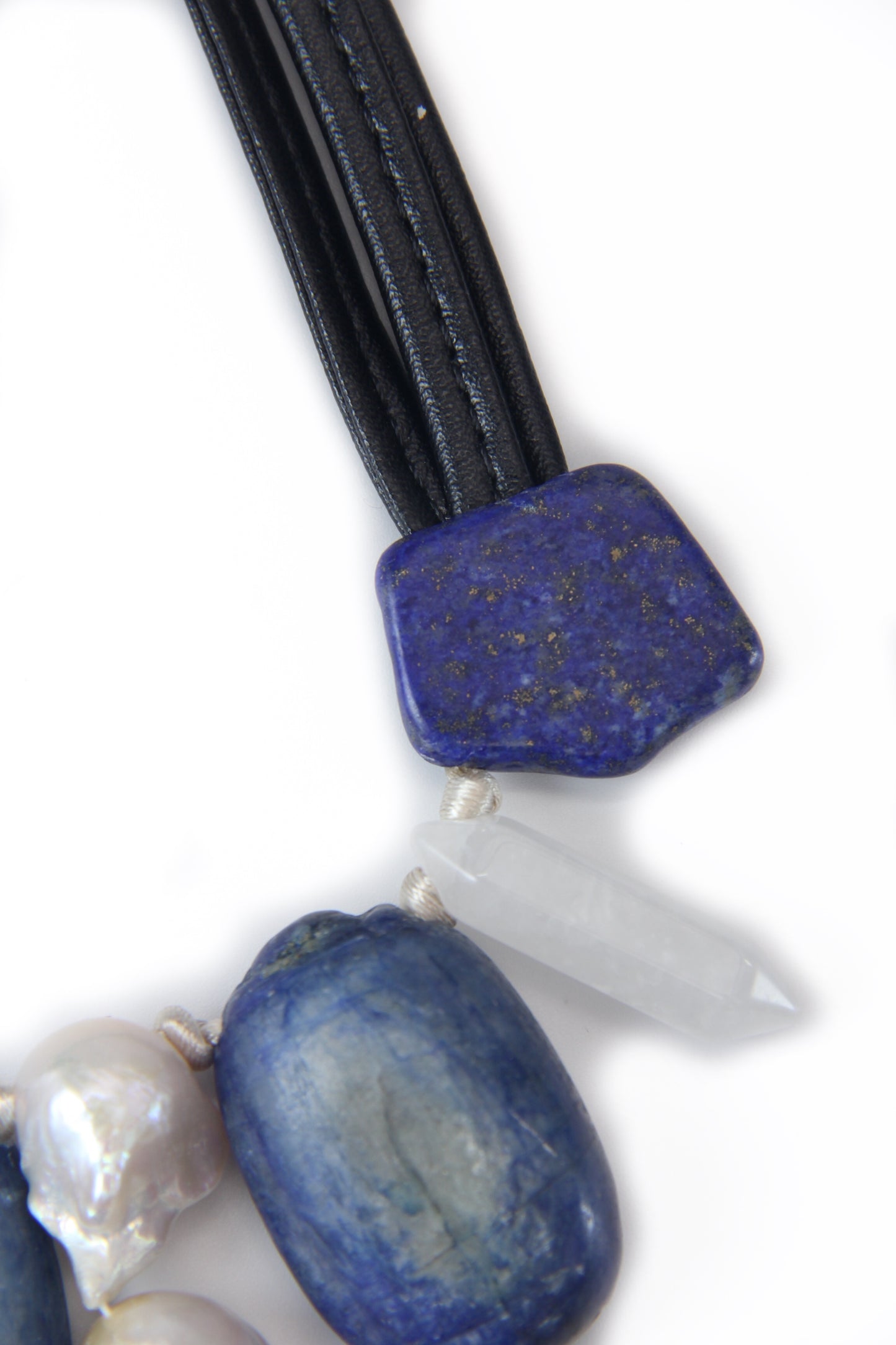 Necklace: pearls, lapis lazuli, kyanite, white crystal