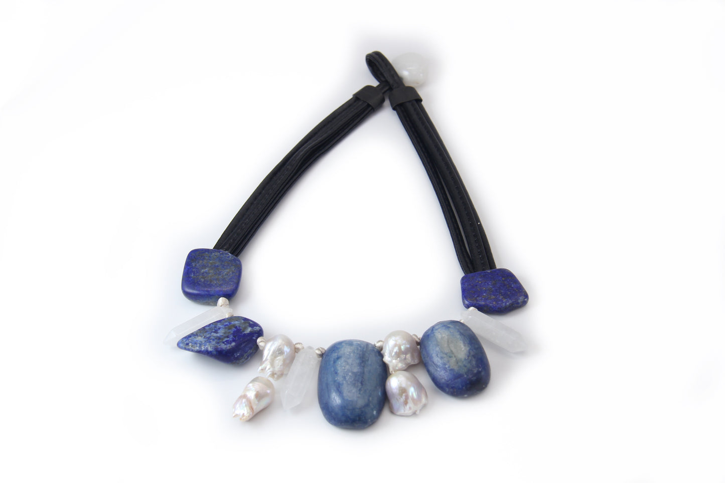 Necklace: pearls, lapis lazuli, kyanite, white crystal