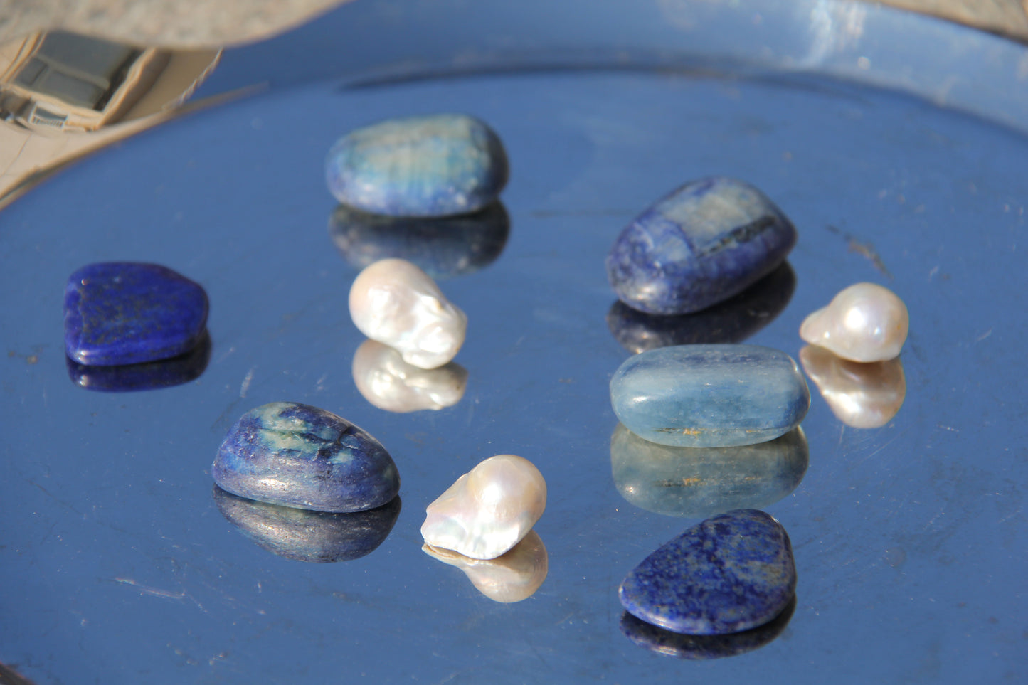 Necklace: pearls, lapis lazuli, kyanite, white crystal