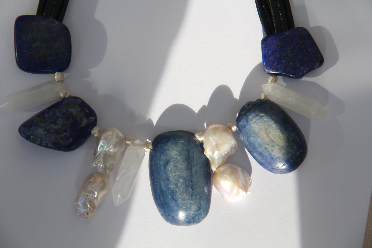 Necklace: pearls, lapis lazuli, kyanite, white crystal