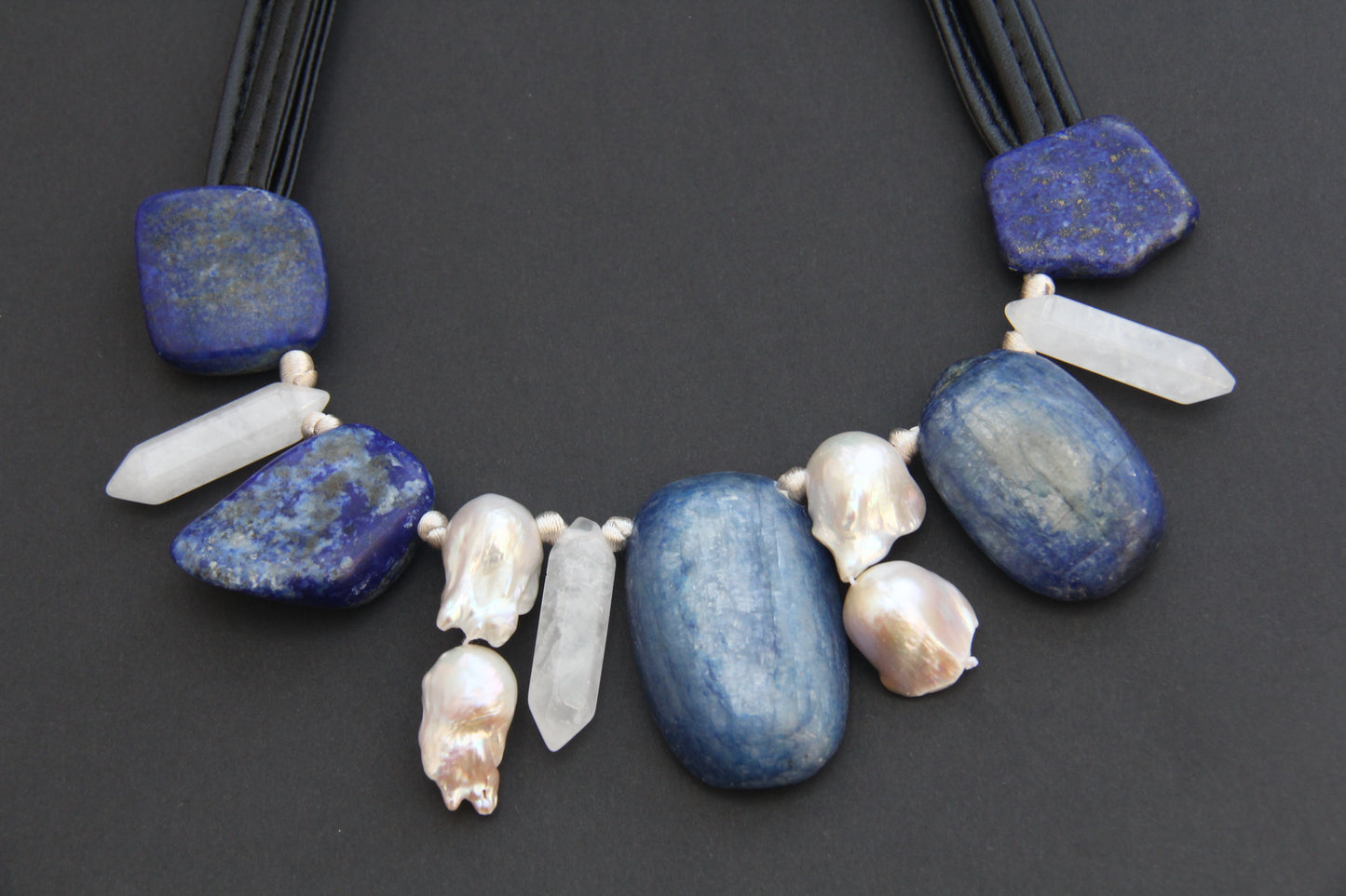 Necklace: pearls, lapis lazuli, kyanite, white crystal