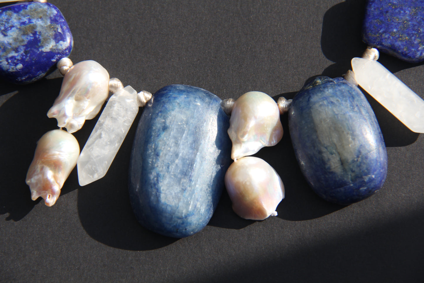 Necklace: pearls, lapis lazuli, kyanite, white crystal