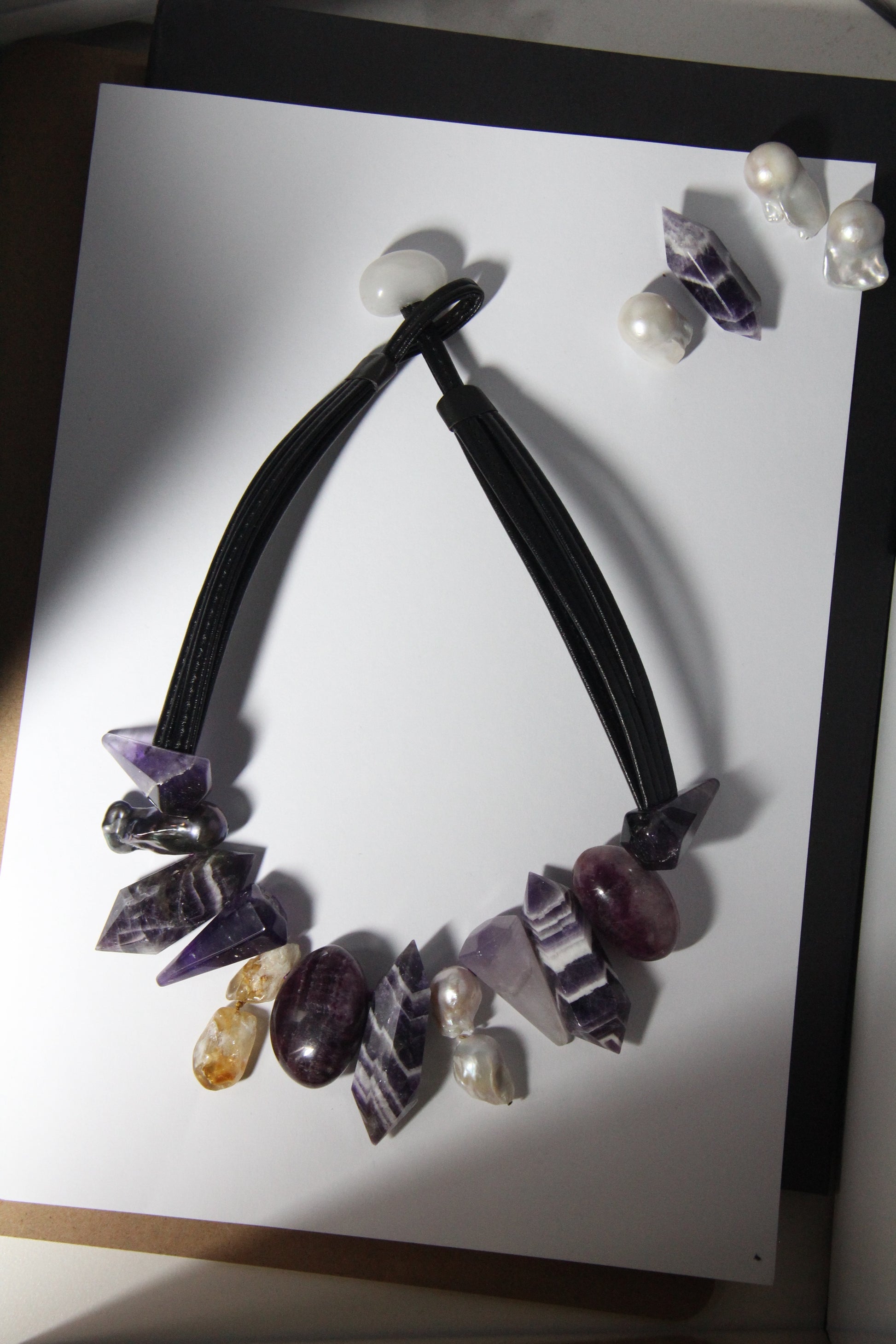 Chunky Crystal Necklace/Chunky Statement Necklace: dream amethyst, pearls, amethyst, citrine, purple fluorite