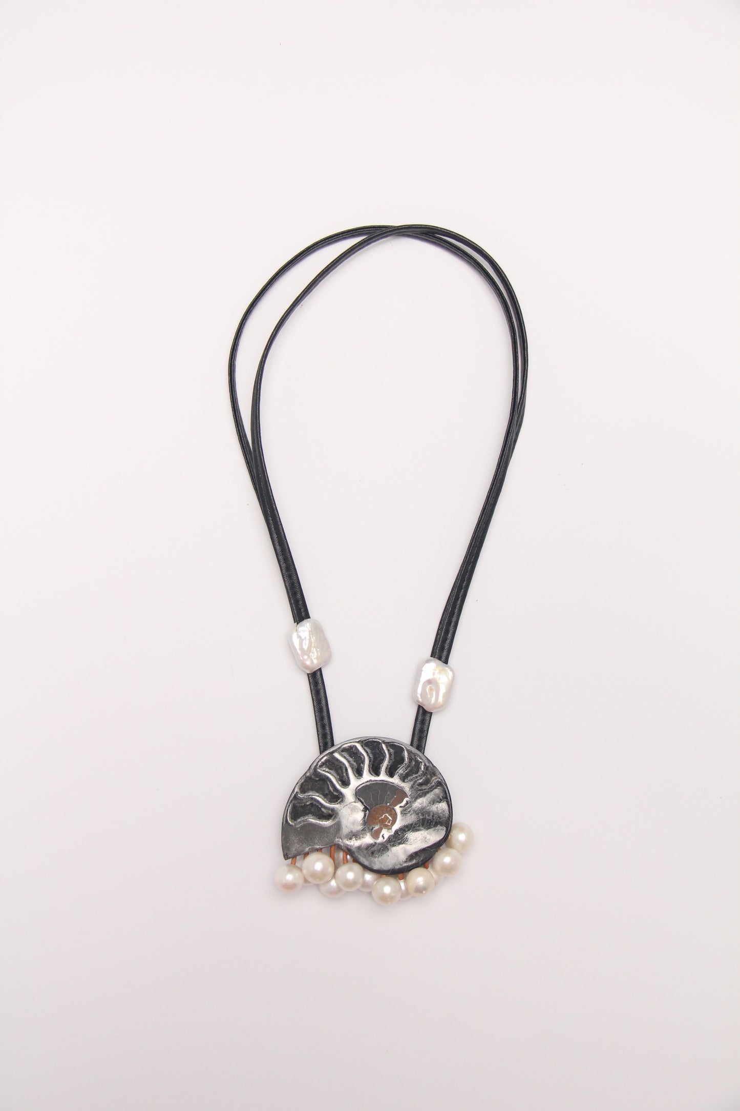 Pendant: ammonite fossil, pearls
