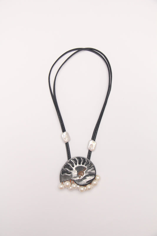 Pendant: ammonite fossil, pearls
