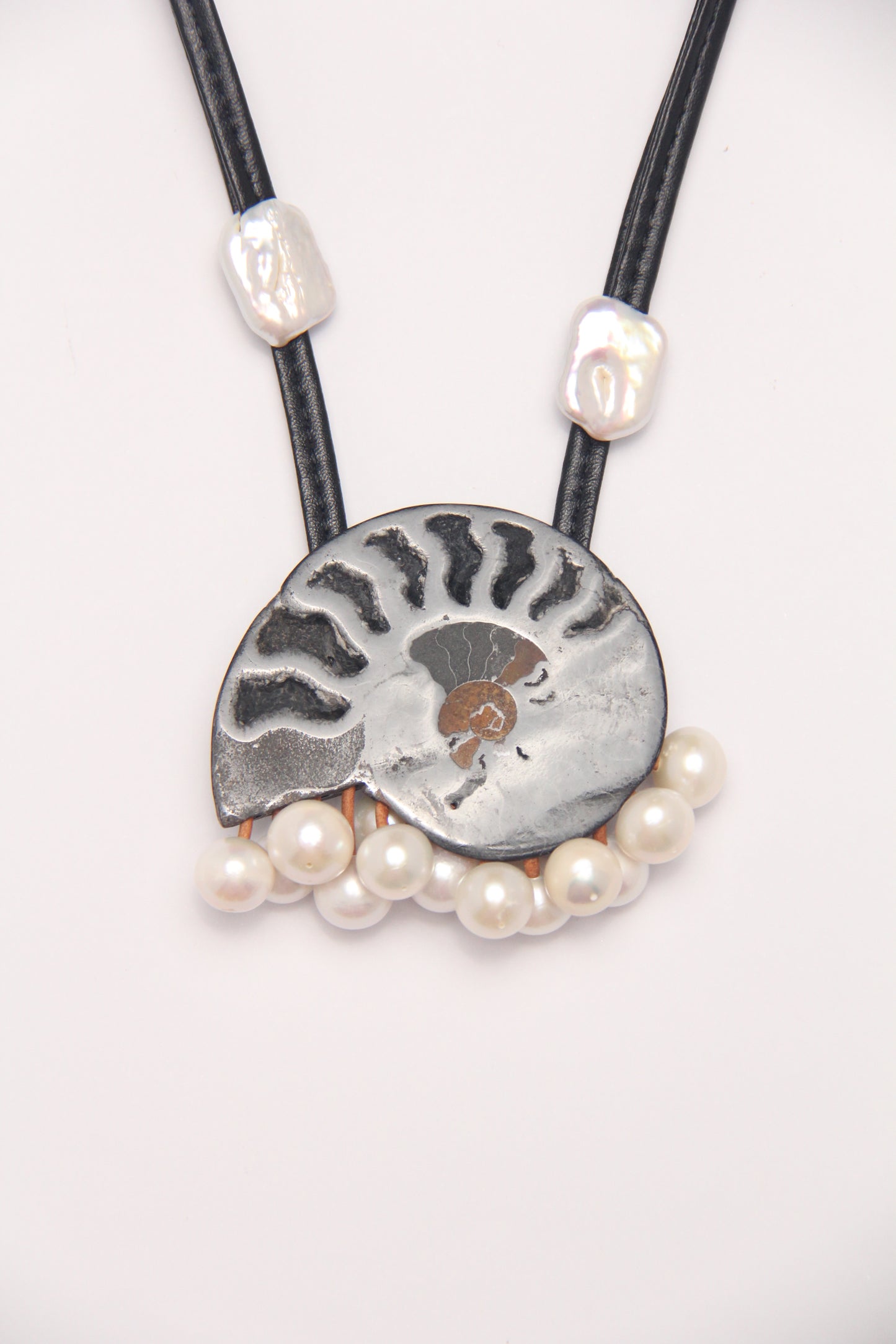 Pendant: ammonite fossil, pearls