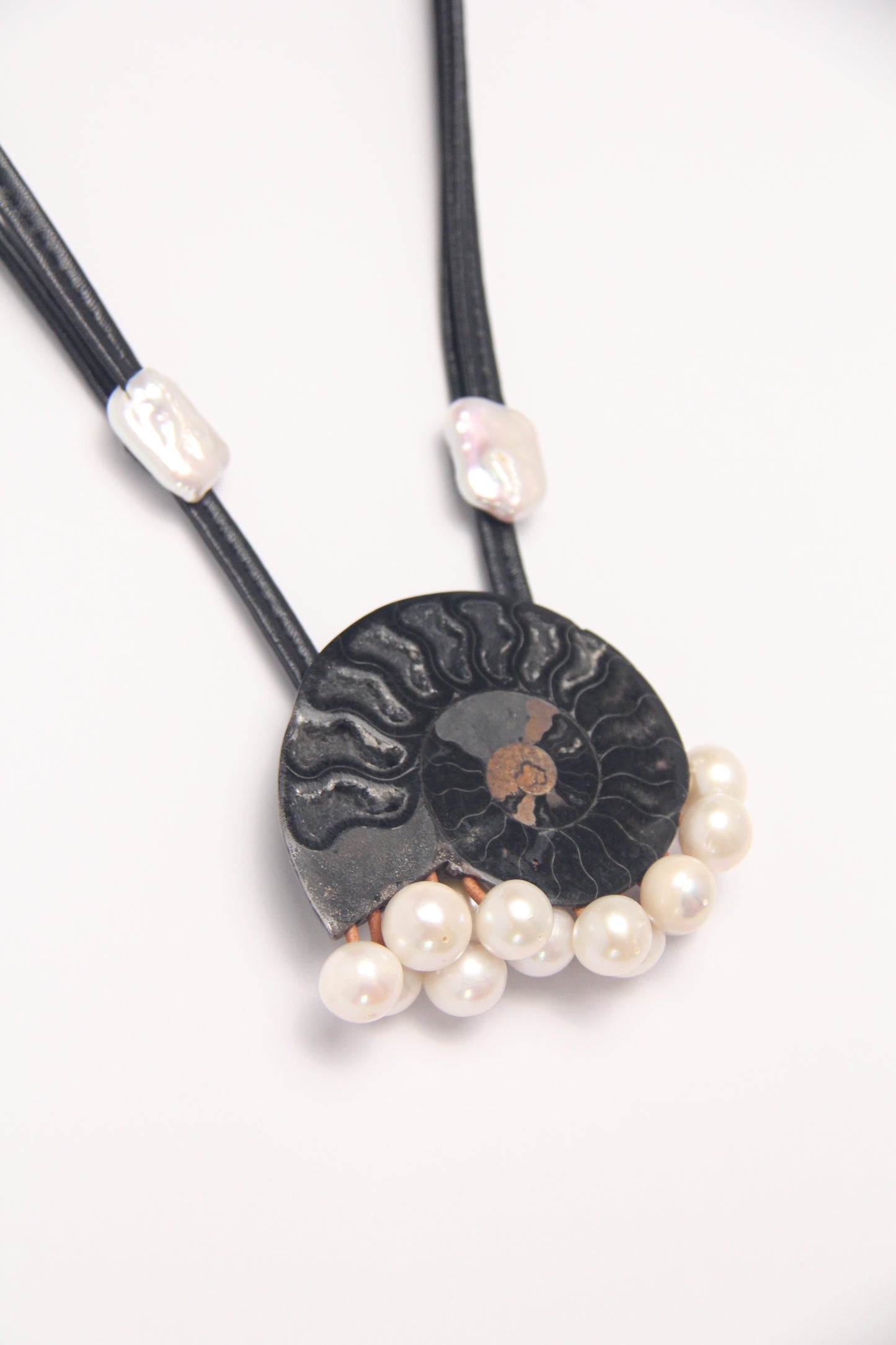 Pendant: ammonite fossil, pearls