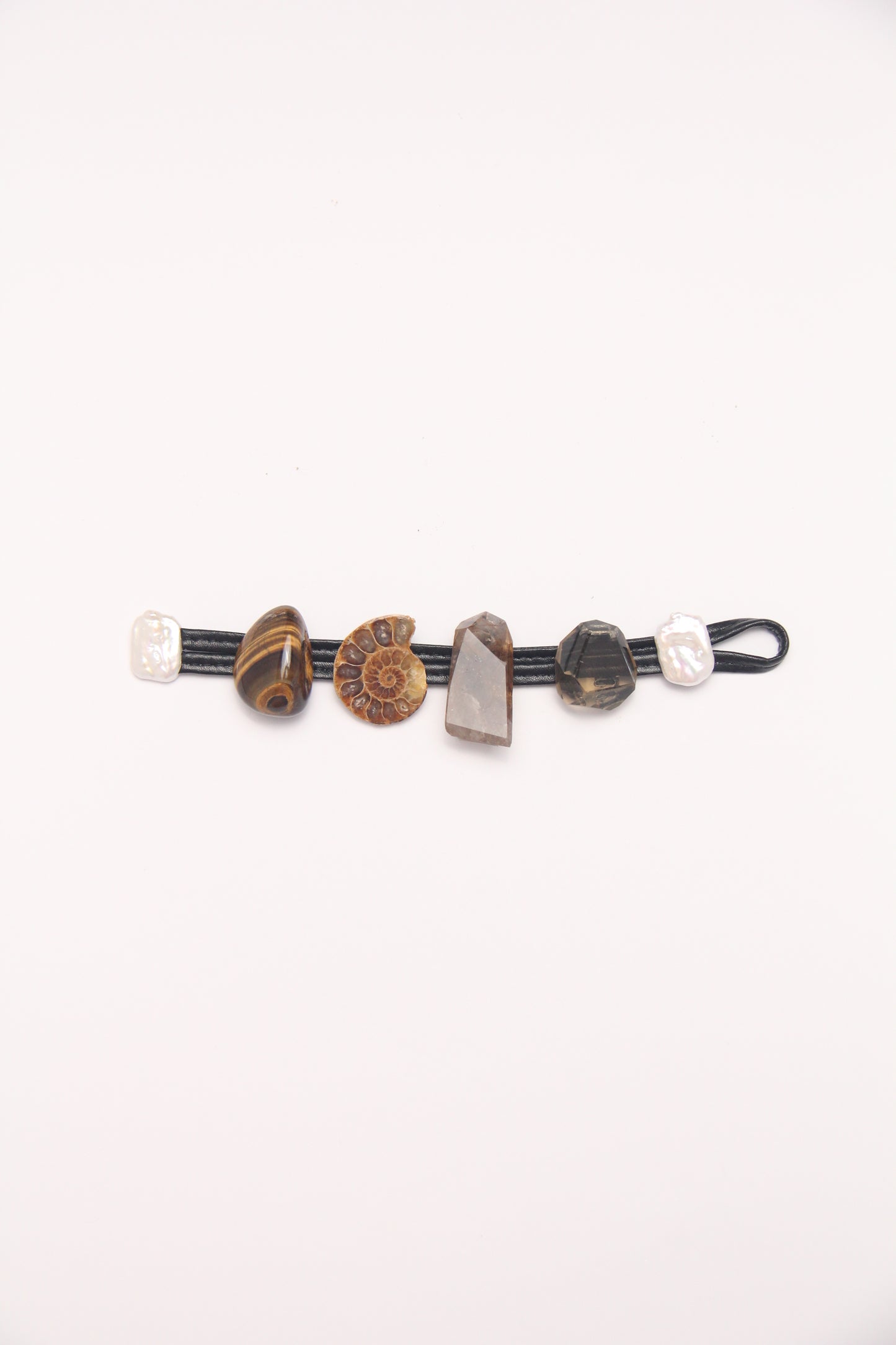 Bracelet: ammonite fossil, tiger's eye, rutilated quartz, citrine, pearls