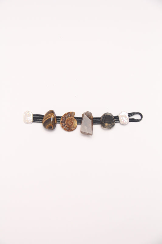 Bracelet: ammonite fossil, tiger's eye, rutilated quartz, citrine, pearls