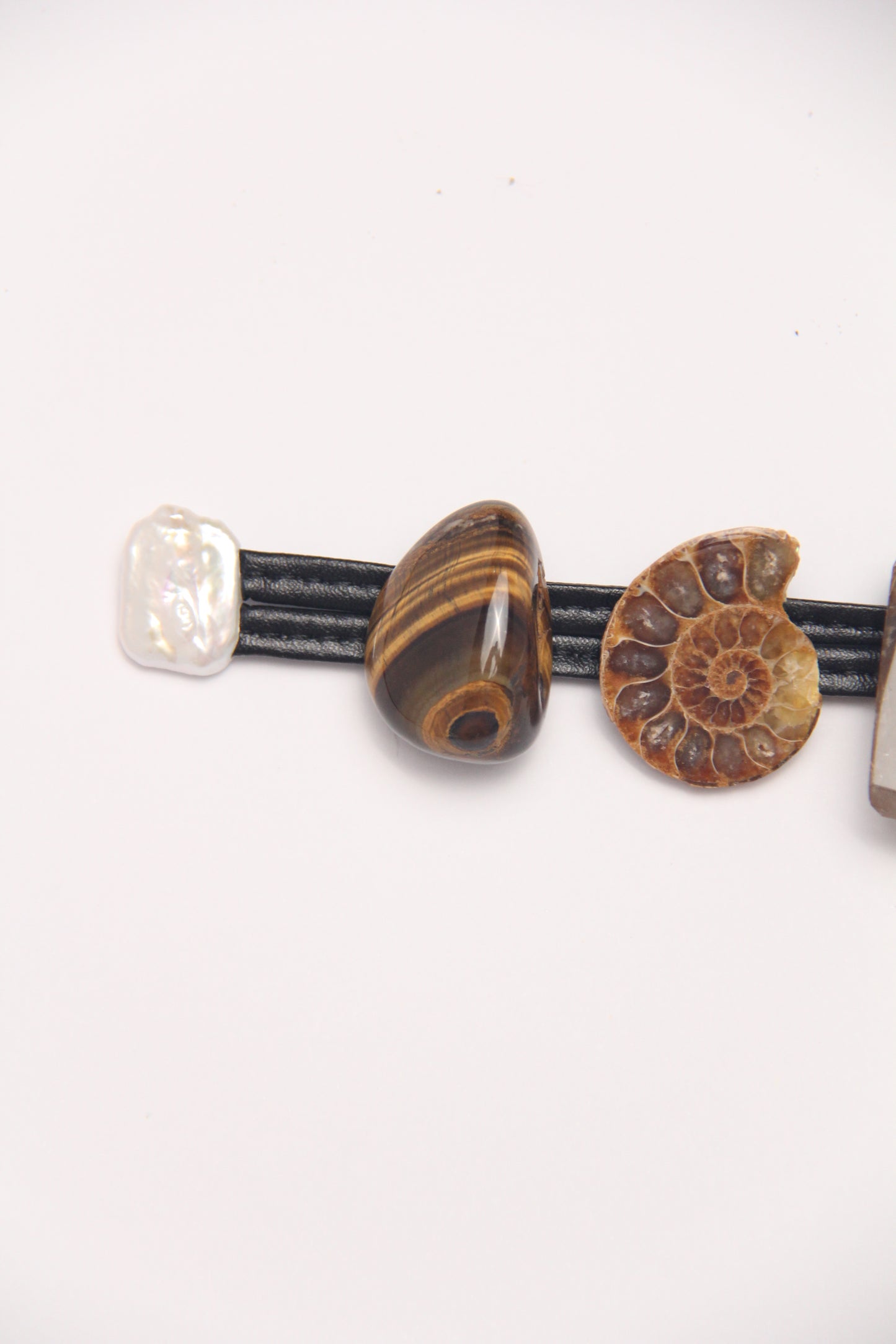 Bracelet: ammonite fossil, tiger's eye, rutilated quartz, citrine, pearls