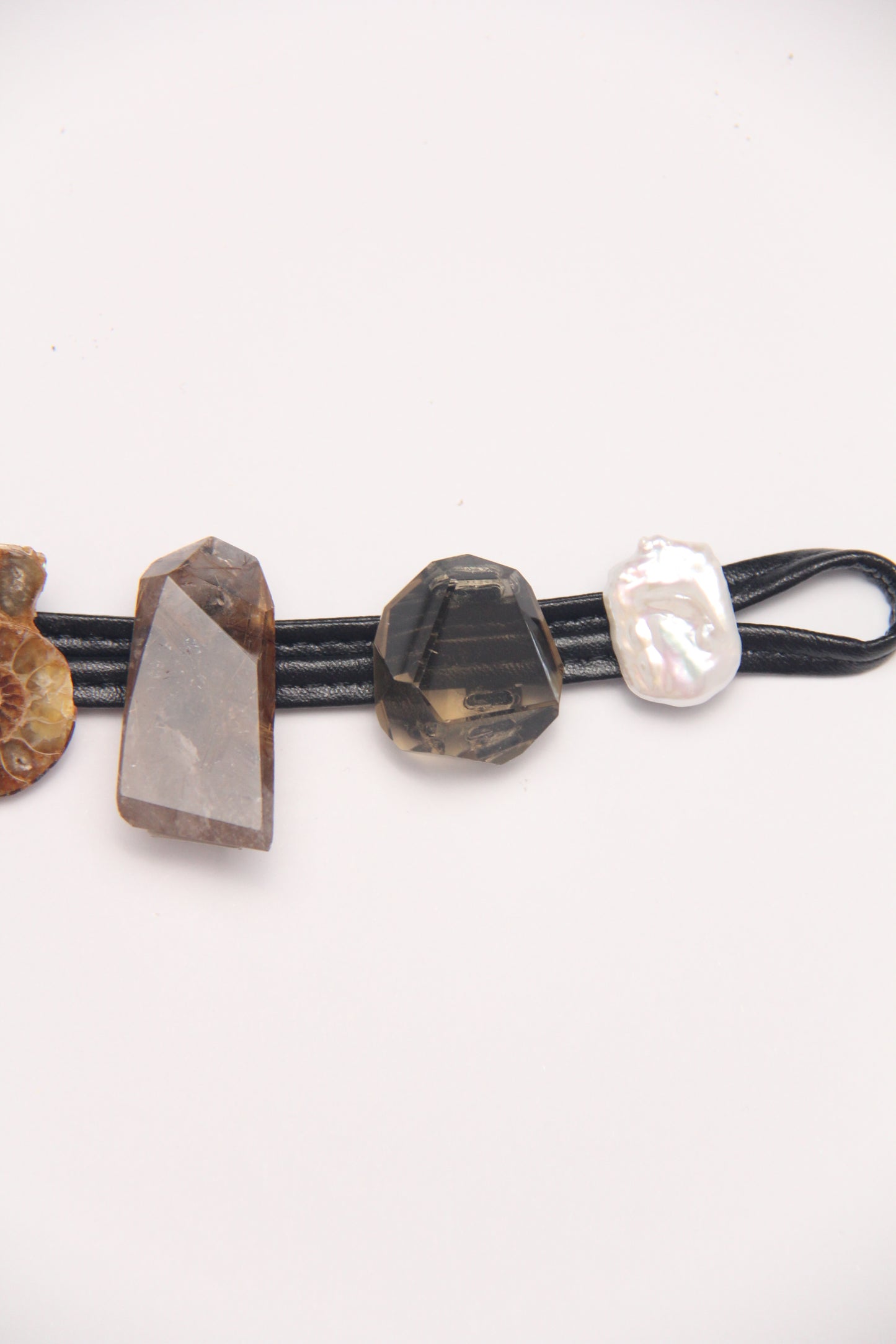 Bracelet: ammonite fossil, tiger's eye, rutilated quartz, citrine, pearls
