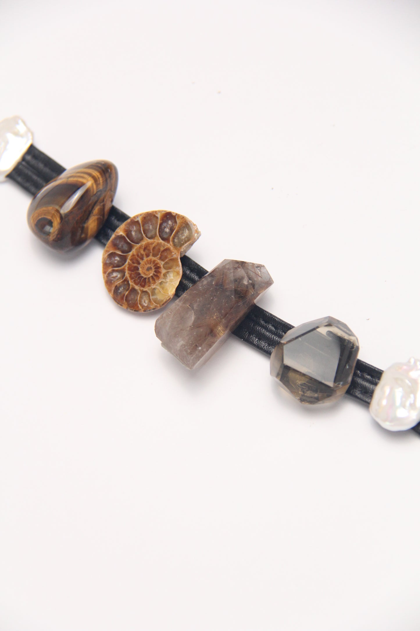 Bracelet: ammonite fossil, tiger's eye, rutilated quartz, citrine, pearls