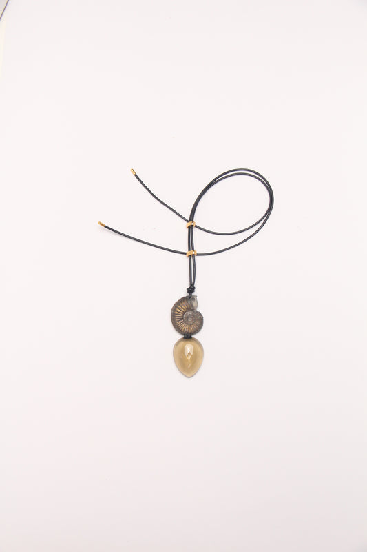 Pendant: ammonite fossil, citrine, leather