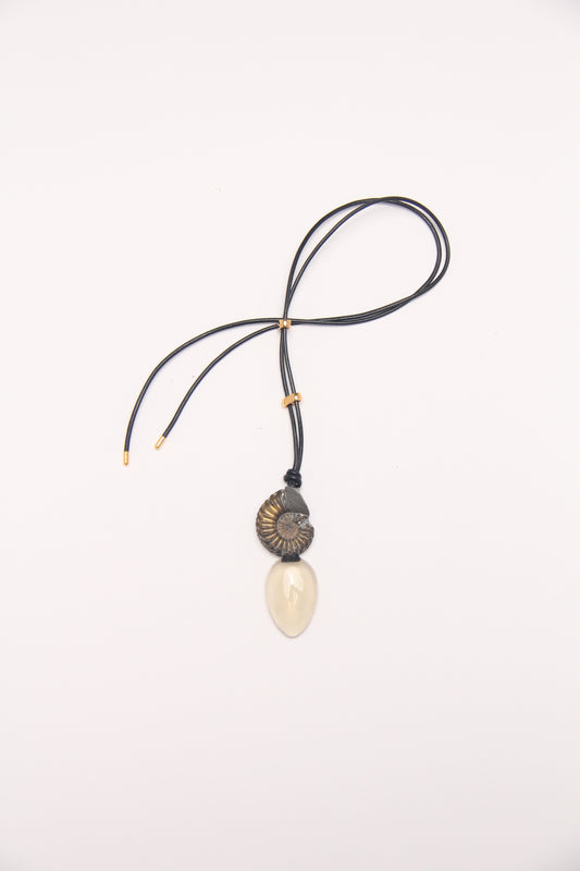 Pendant: ammonite fossil, citrine, leather