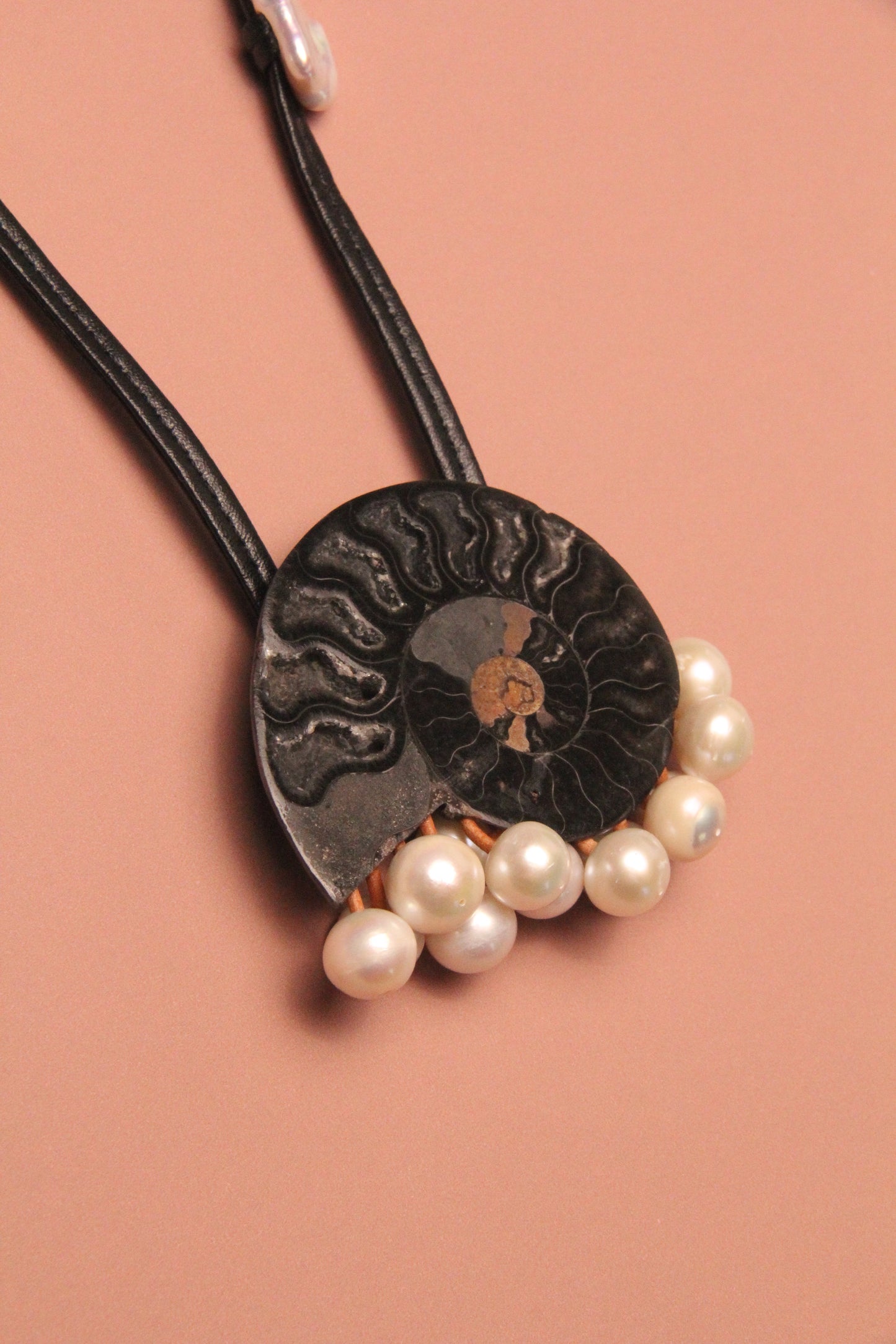 Pendant: ammonite fossil, pearls