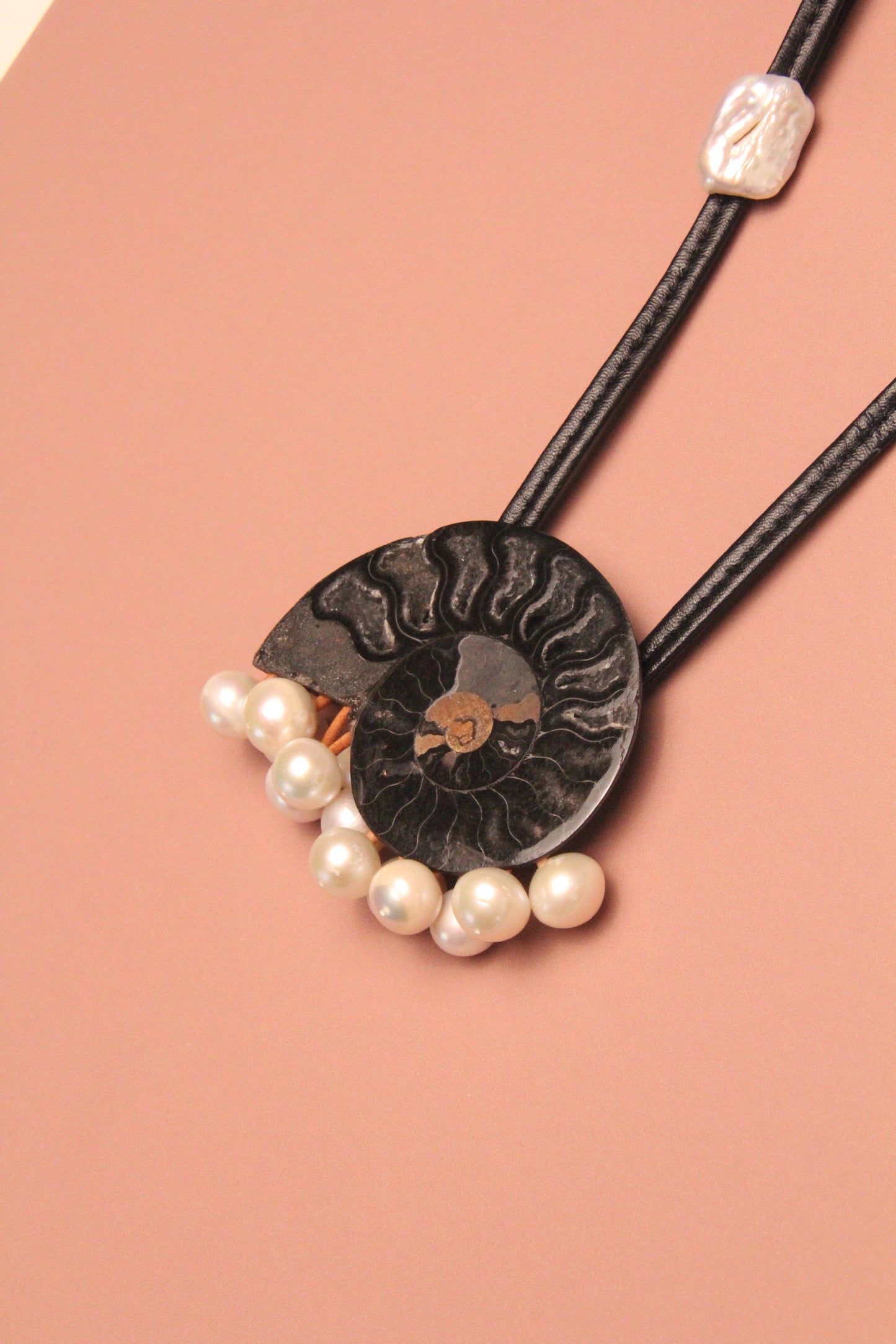 Pendant: ammonite fossil, pearls