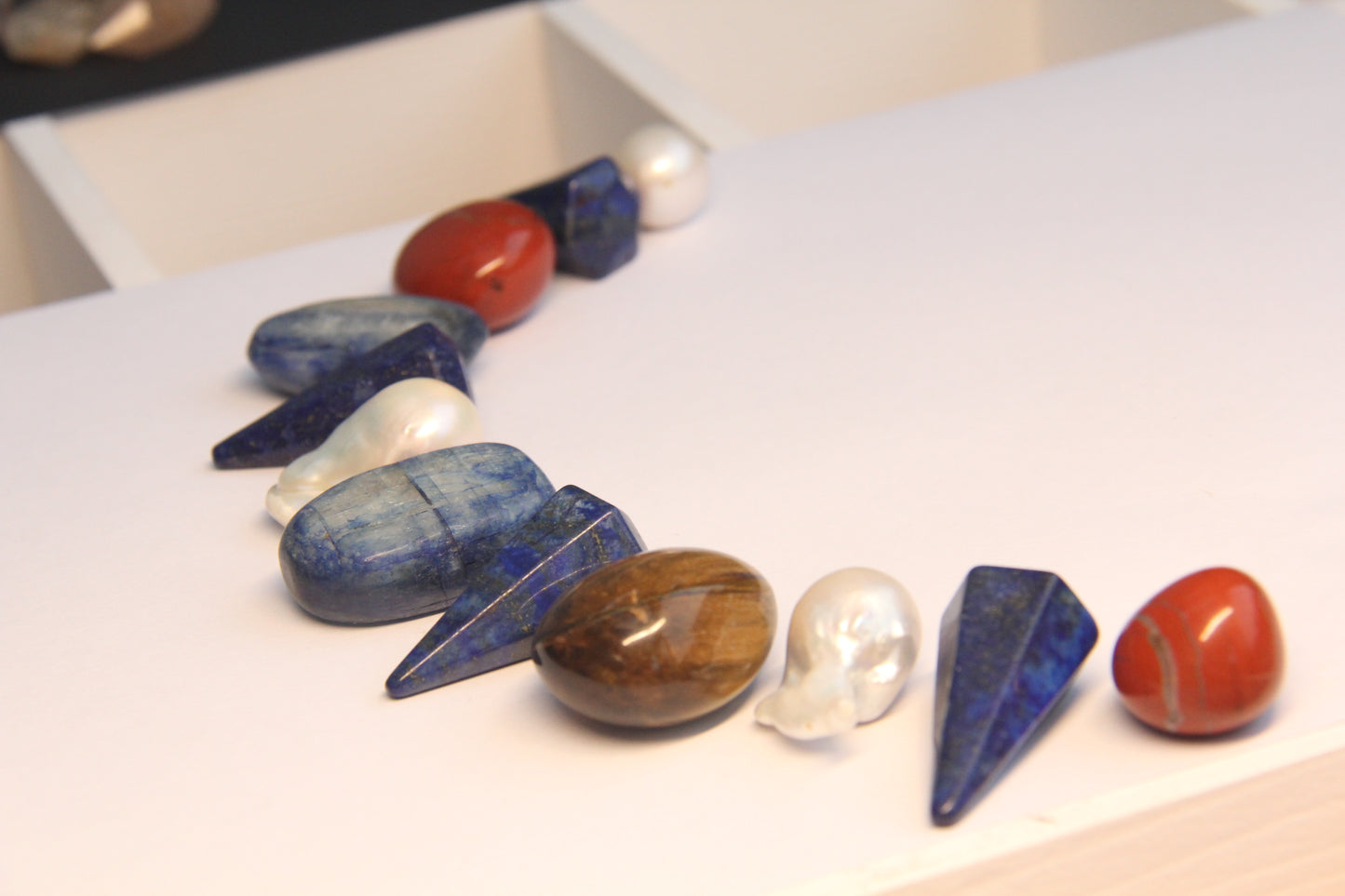 Chunky Crystal Necklace/Chunky Statement Necklace: Kyanite, lapis lazuli, pearls, red jasper stone, tiger's eye stone