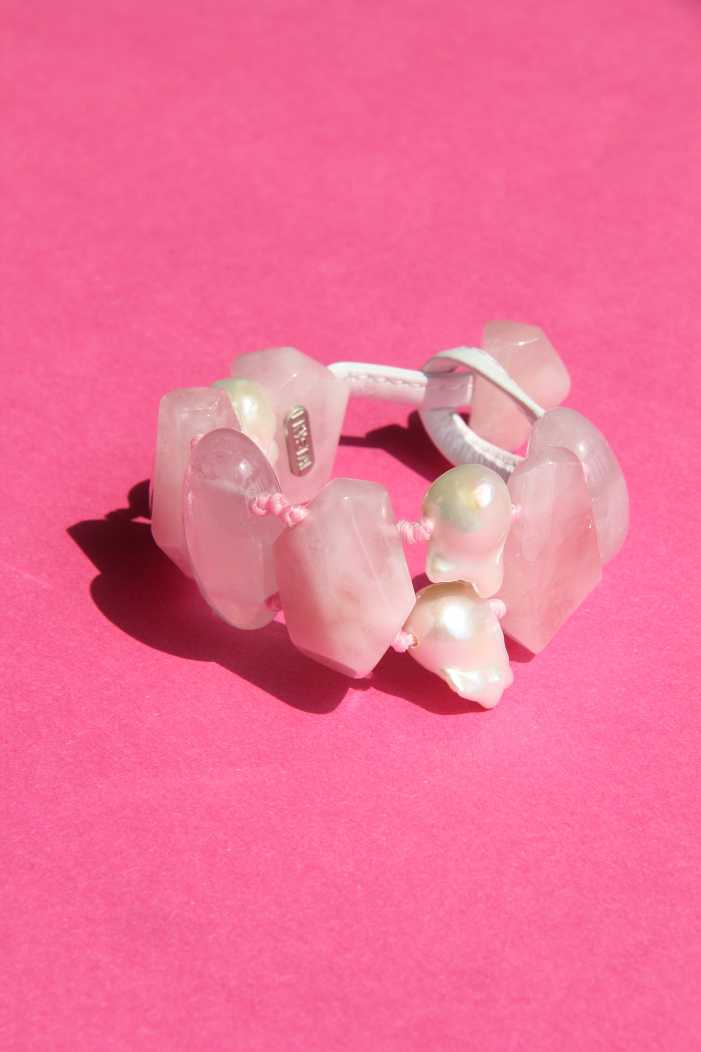 Bracelet: morganite, rose quartz, pearls