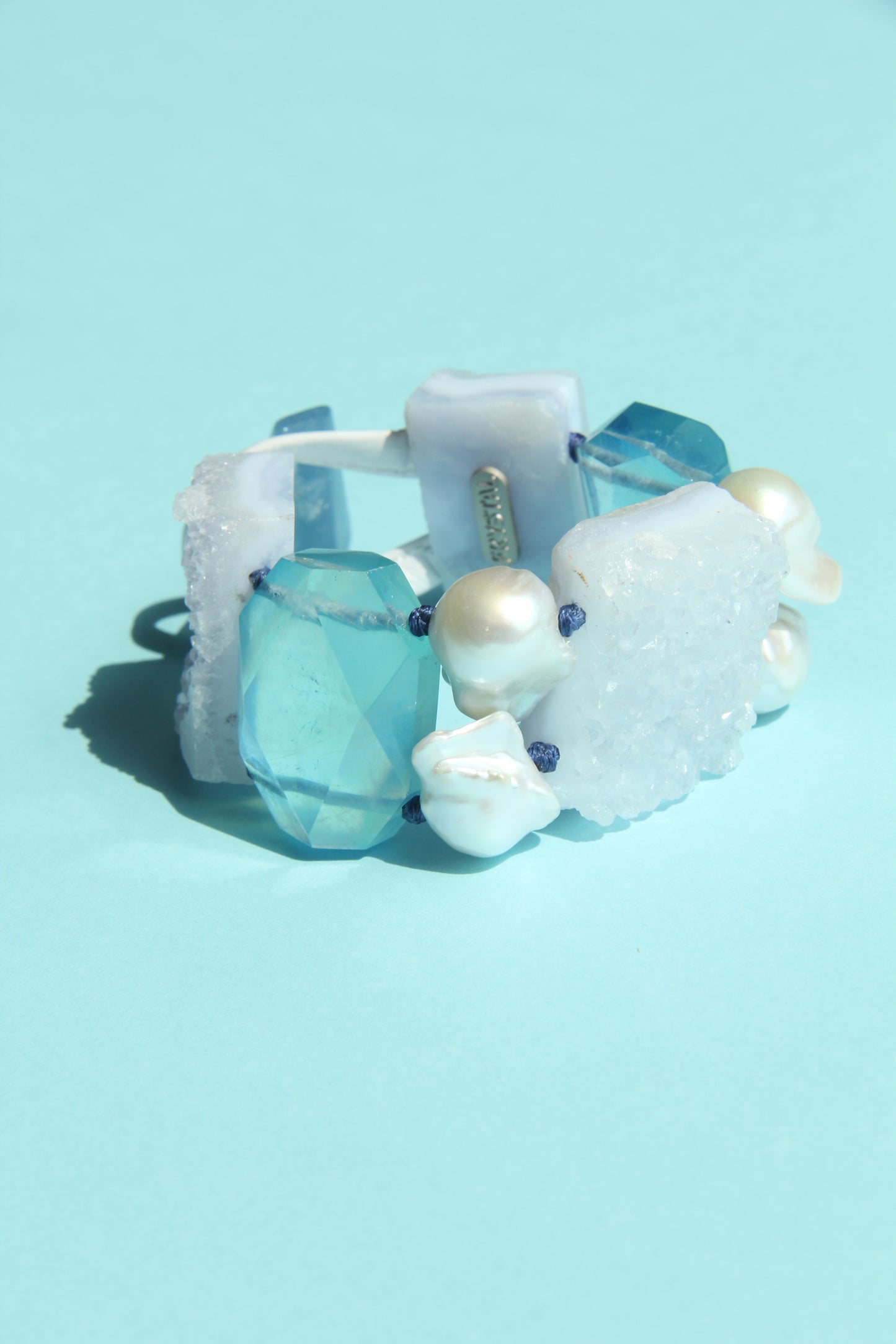 Bracelet: aquamarine, blue lace agate, pearls