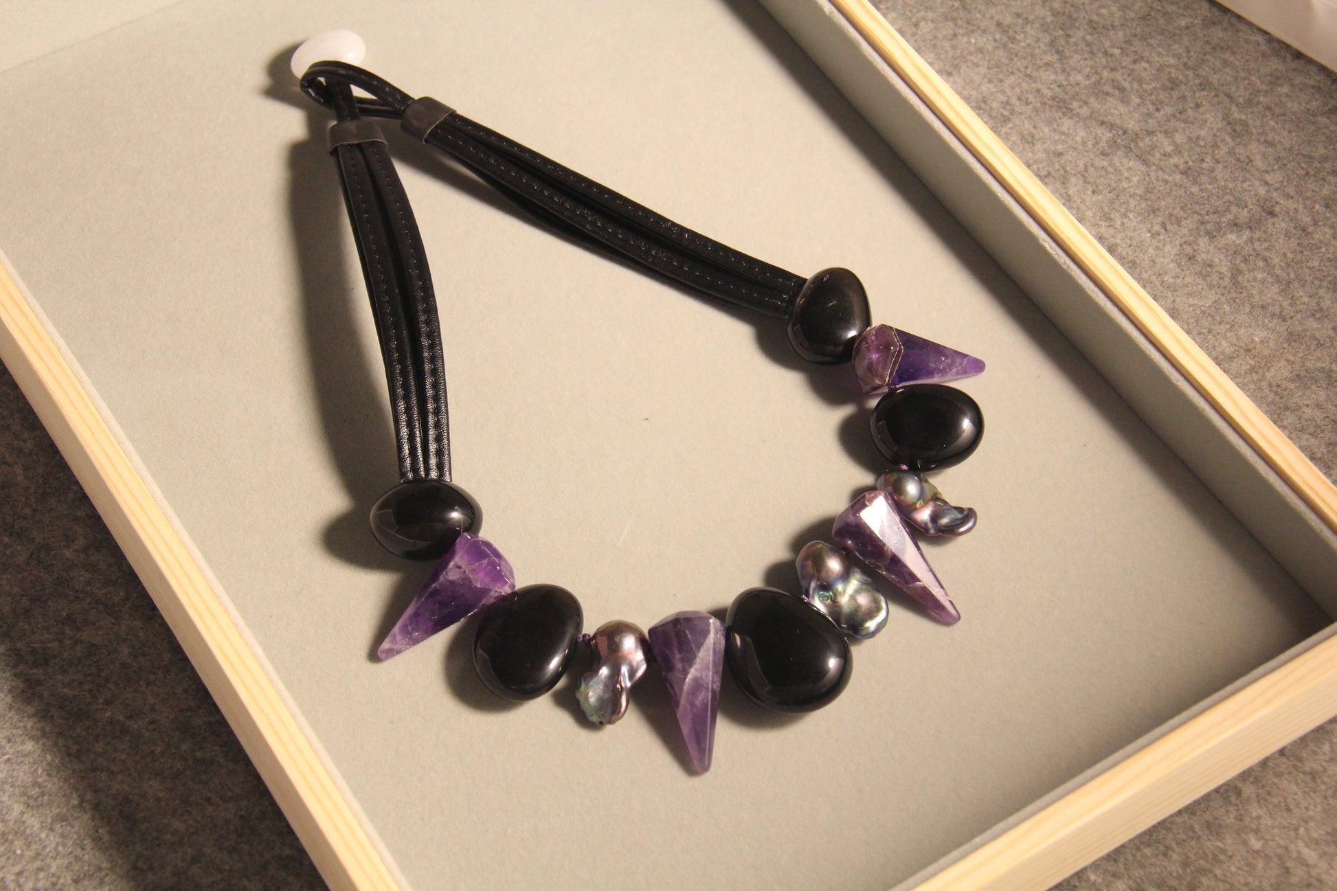 Chunky Crystal Necklace/Chunky Statement Necklace: pearls, obsidian, amethyst