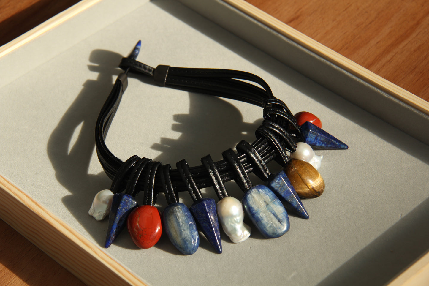 Chunky Crystal Necklace/Chunky Statement Necklace: Kyanite, lapis lazuli, pearls, red jasper stone, tiger's eye stone