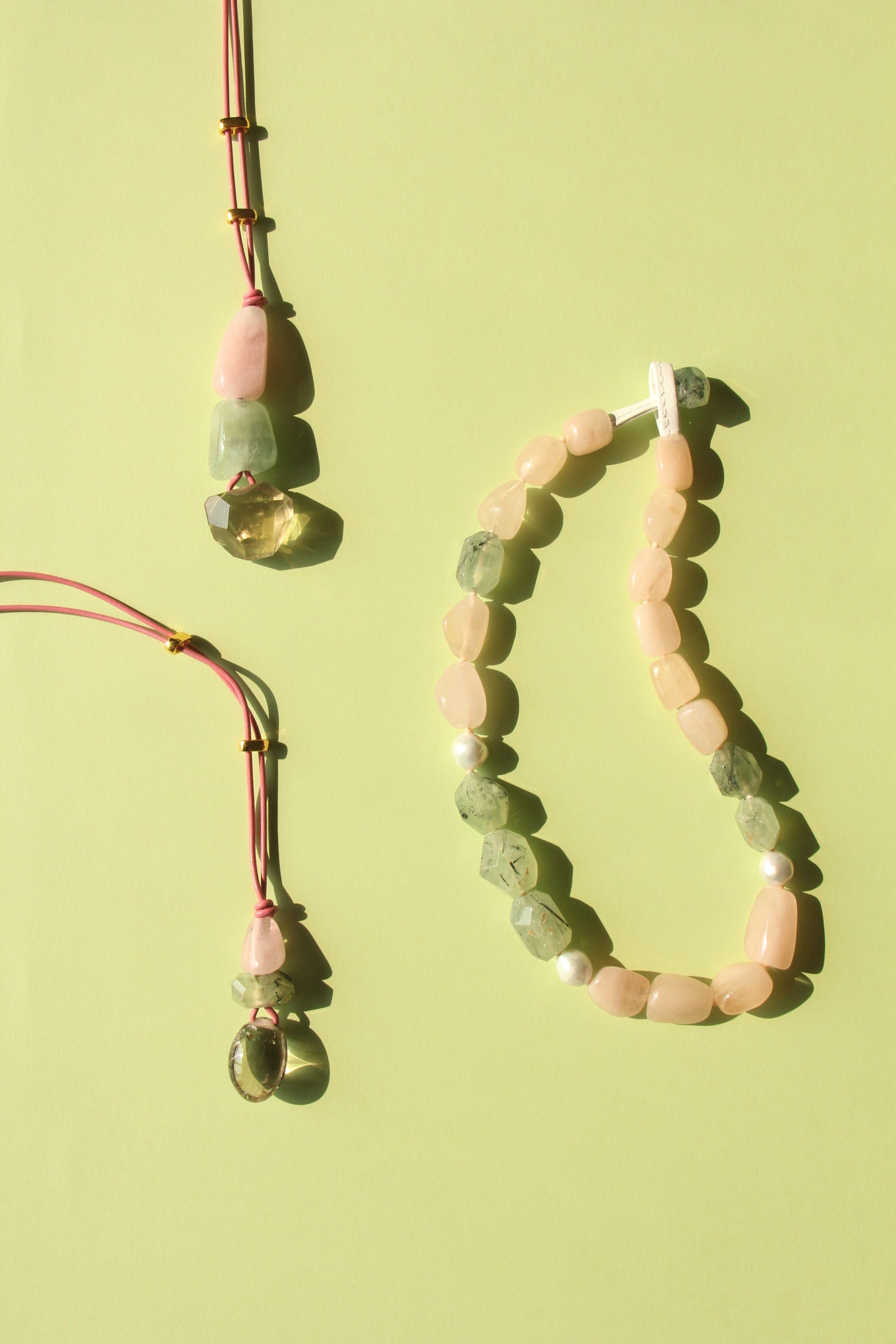 Pendant: morganite, prehnite, citrine