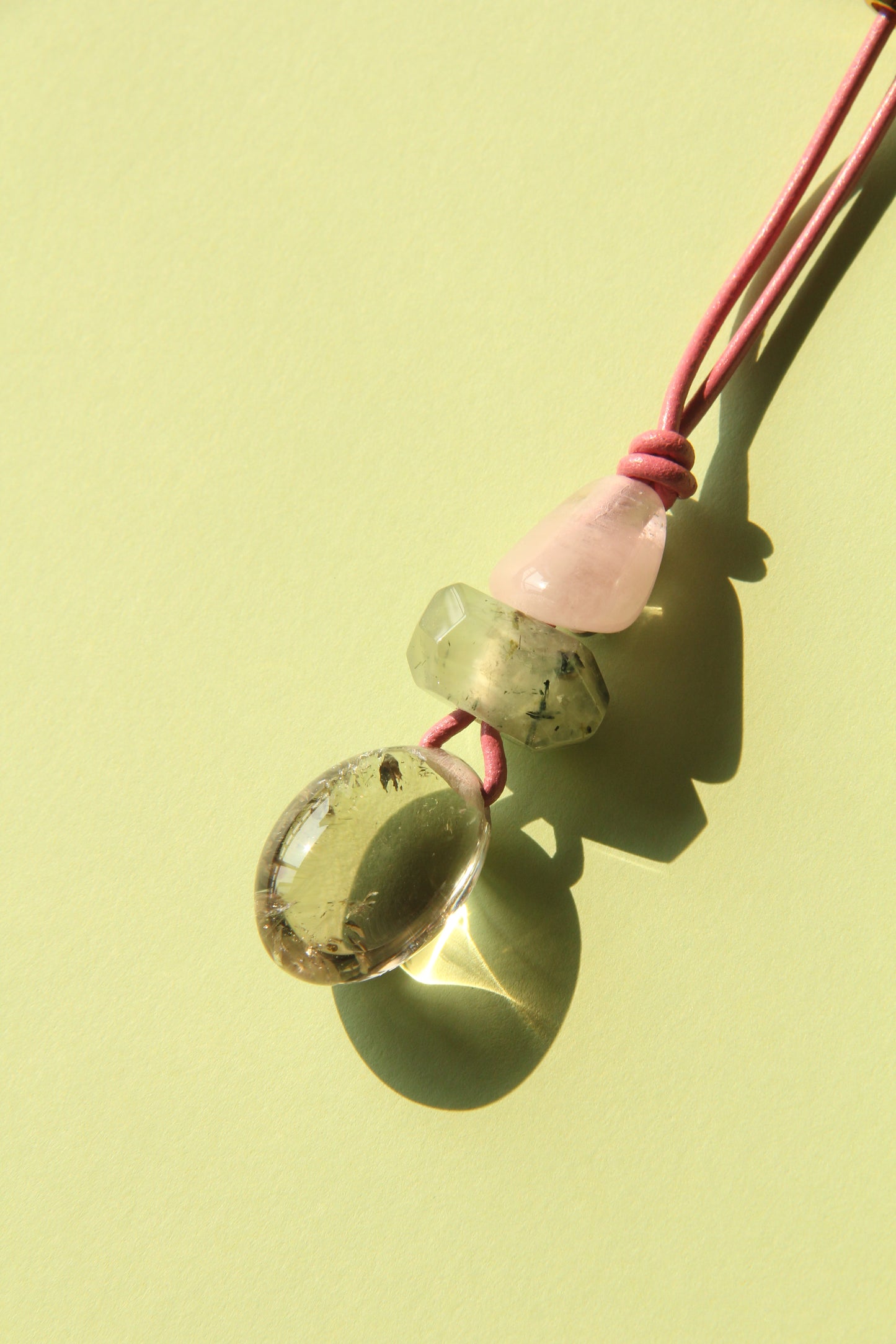 Pendant: morganite, prehnite, citrine