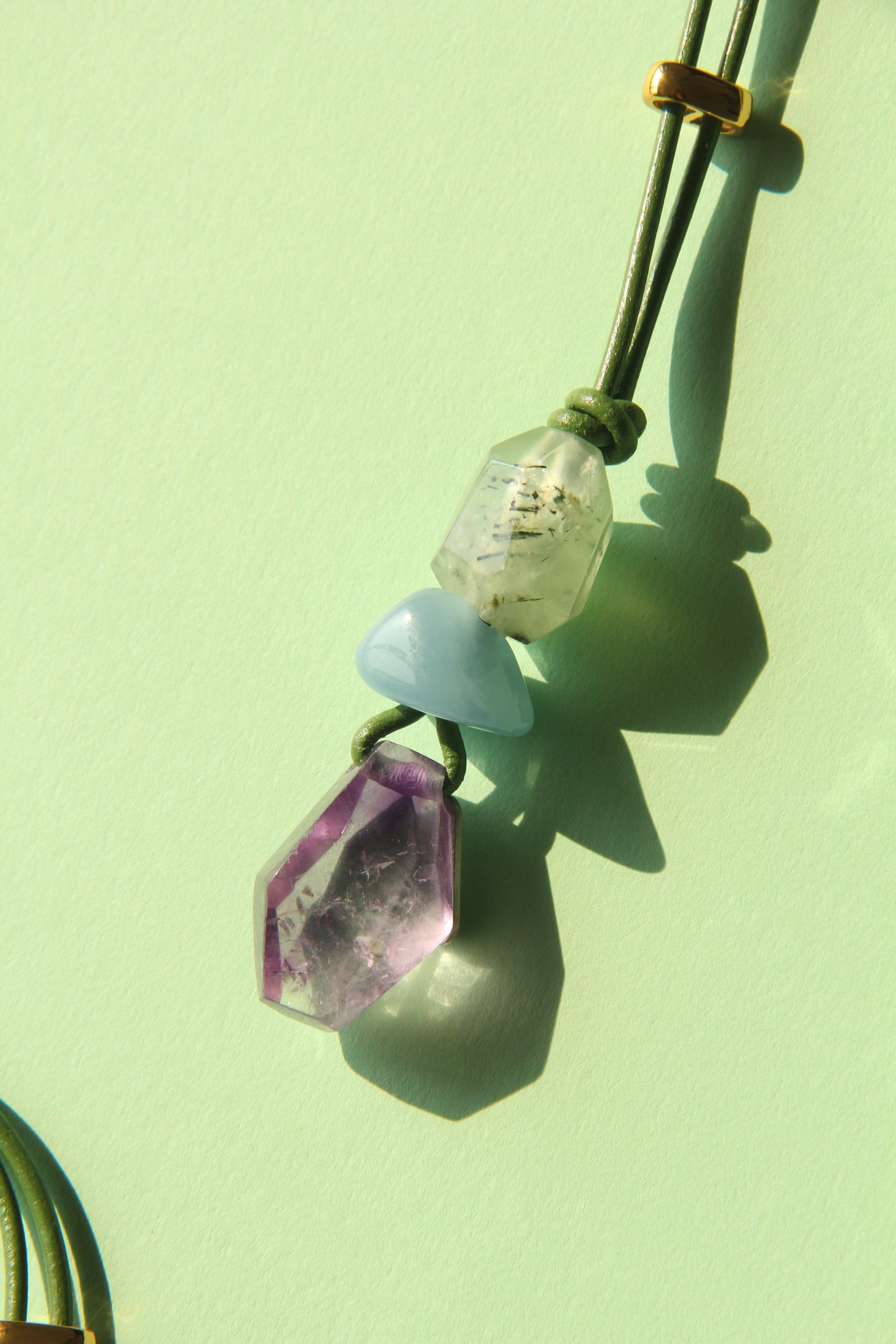 Pendant: prehnite, morganite, amethyst