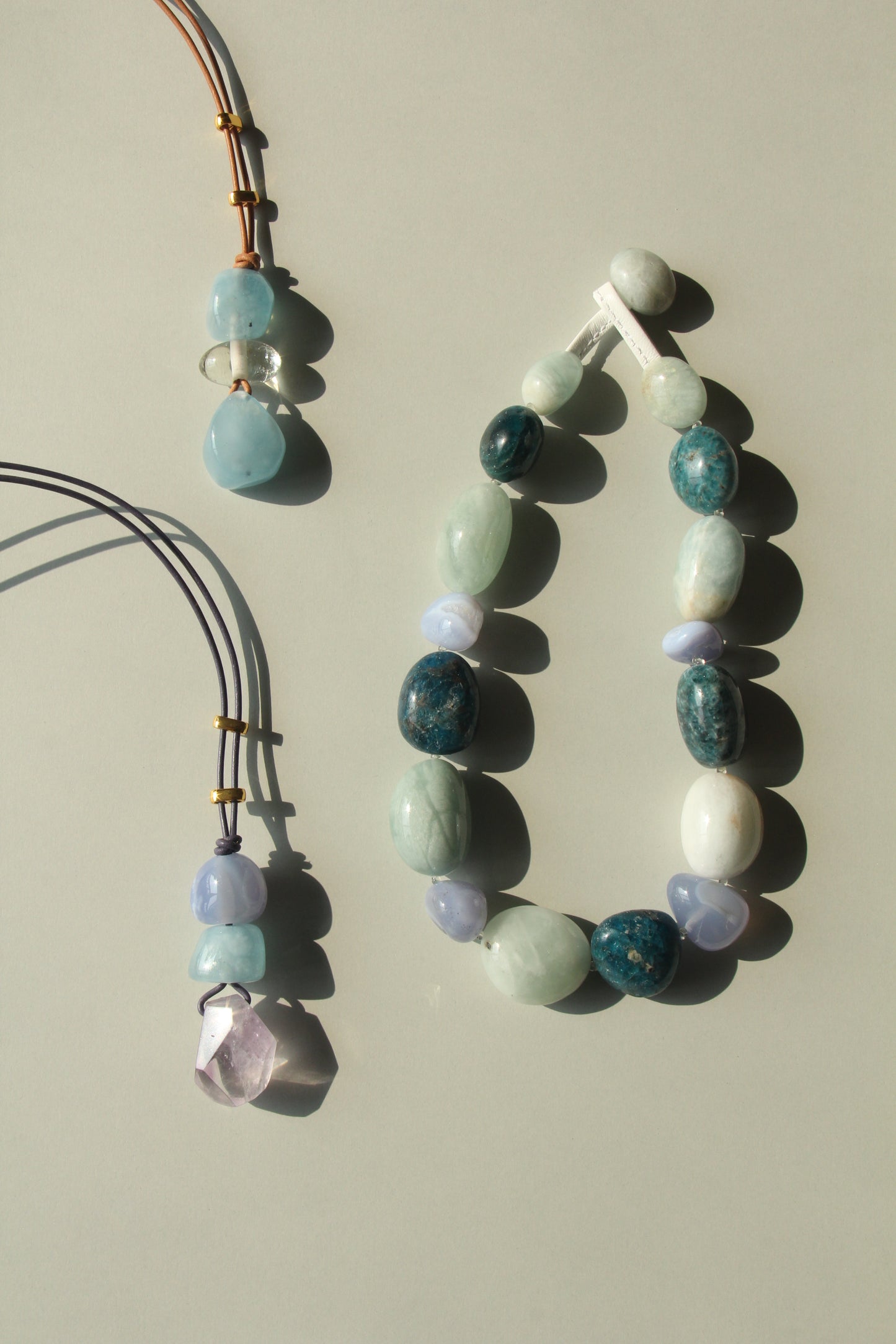 Pendant: blue lace agate, morganite, amethyst