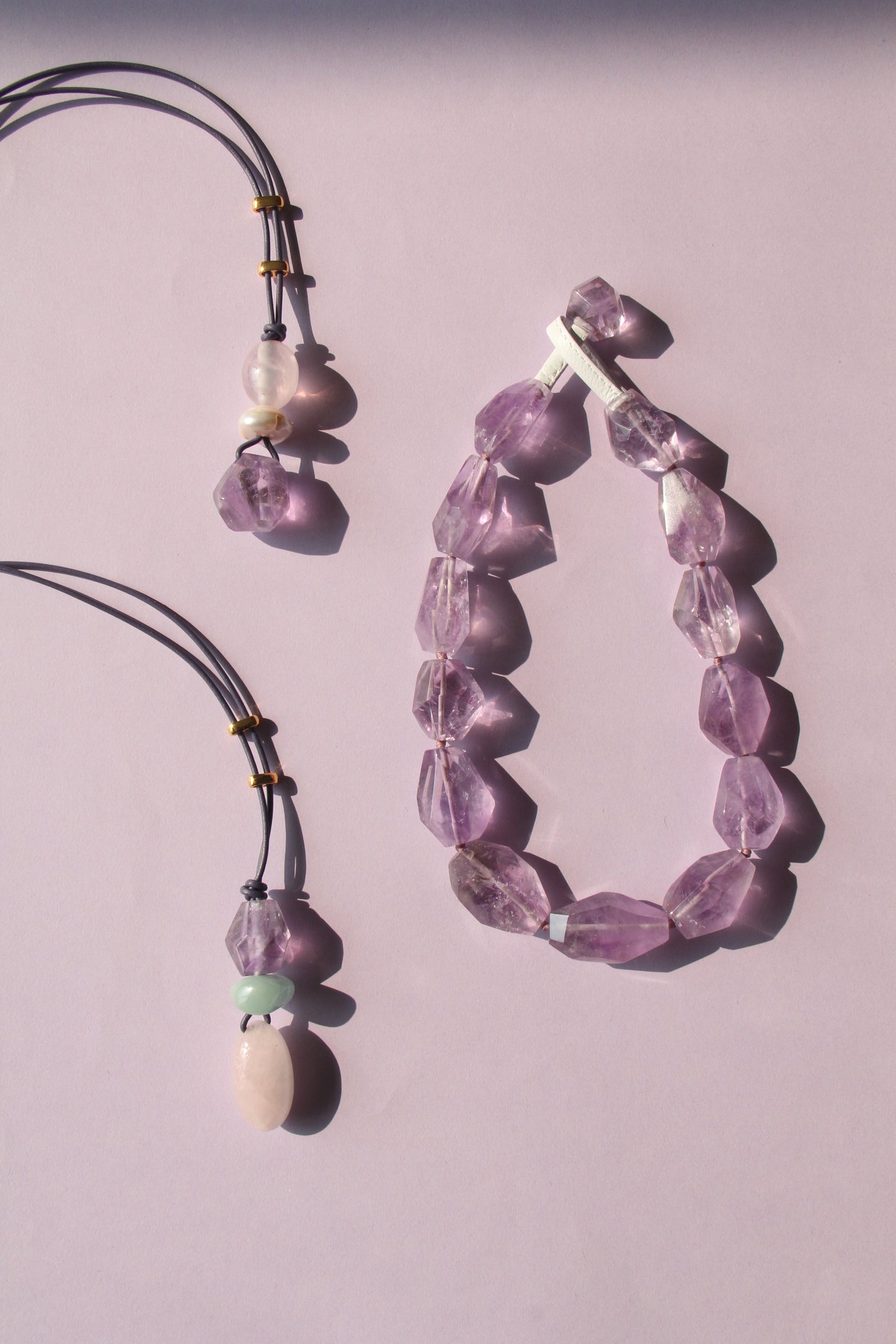 Pendant: rose quartz, pearl, amethsyt
