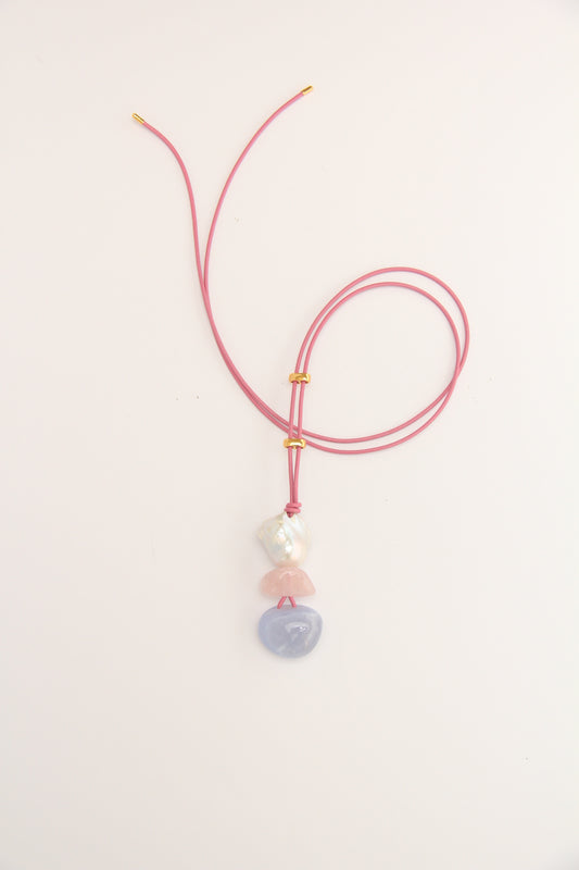 Pendant: pearl, morganite, blue lace agate