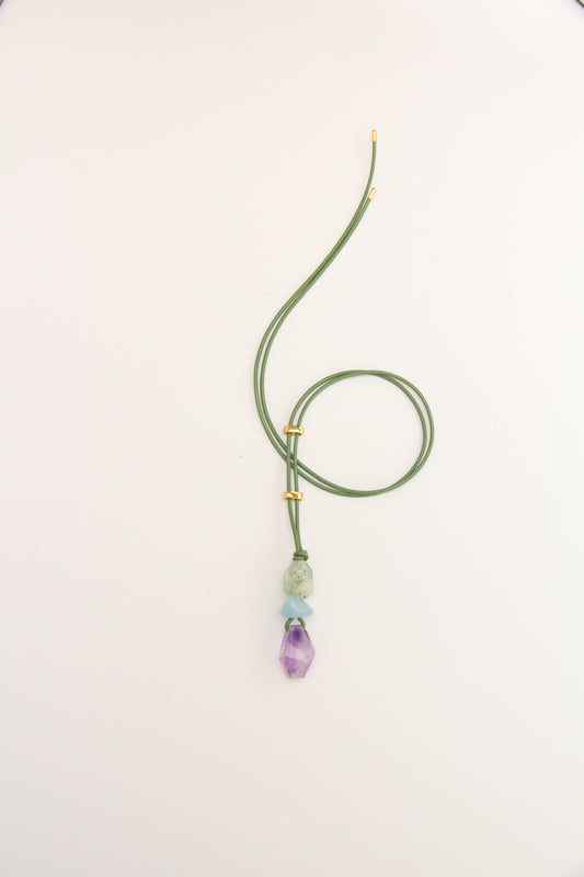 Pendant: prehnite, morganite, amethyst