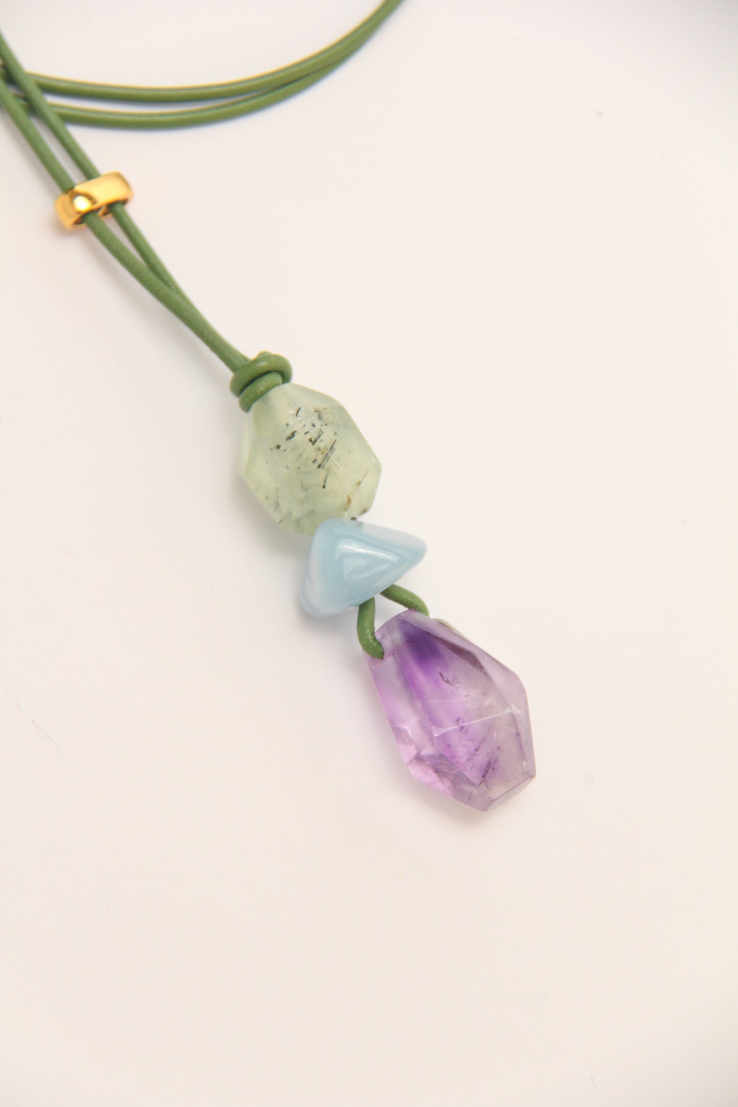 Pendant: prehnite, morganite, amethyst