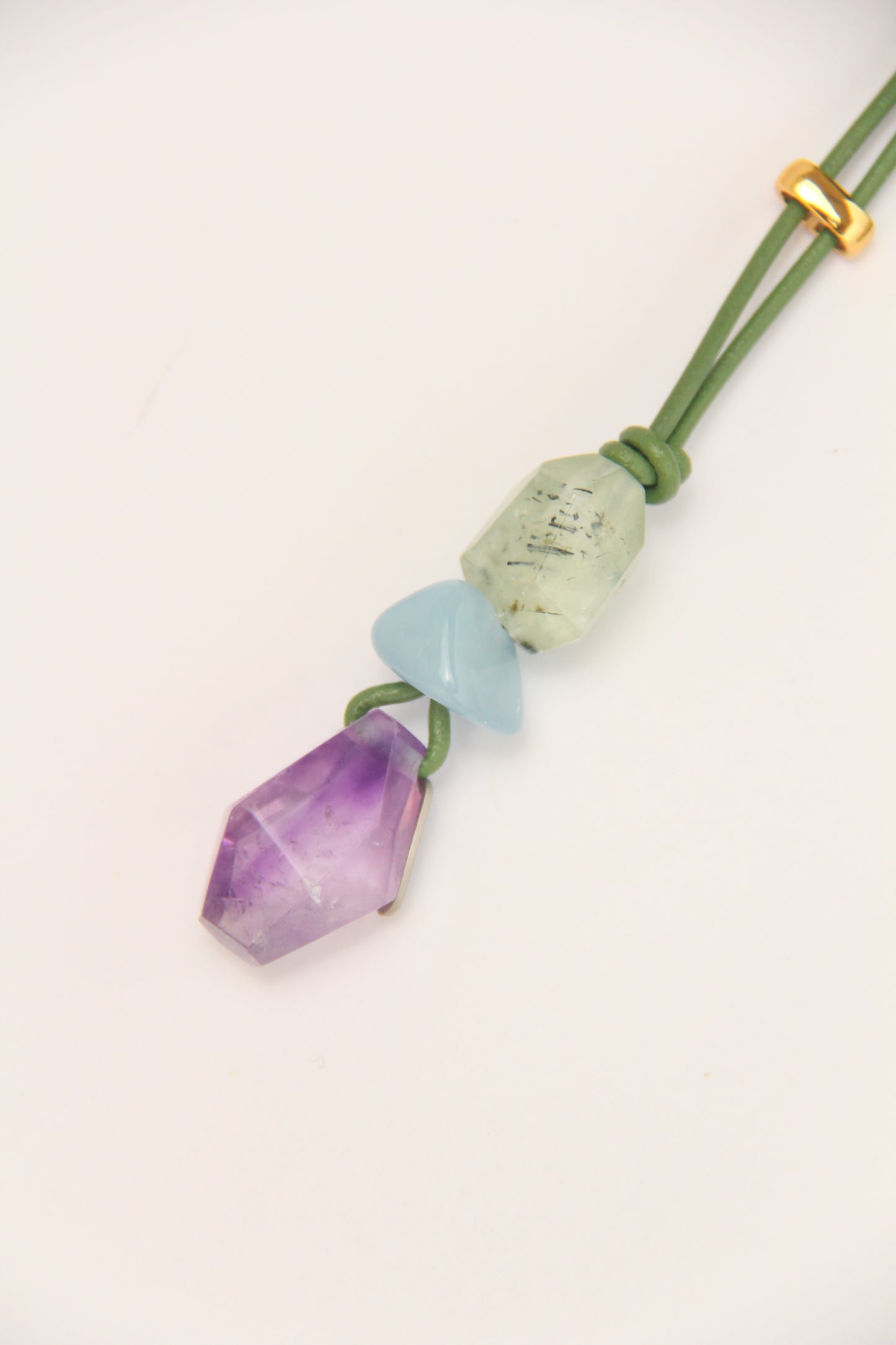 Pendant: prehnite, morganite, amethyst