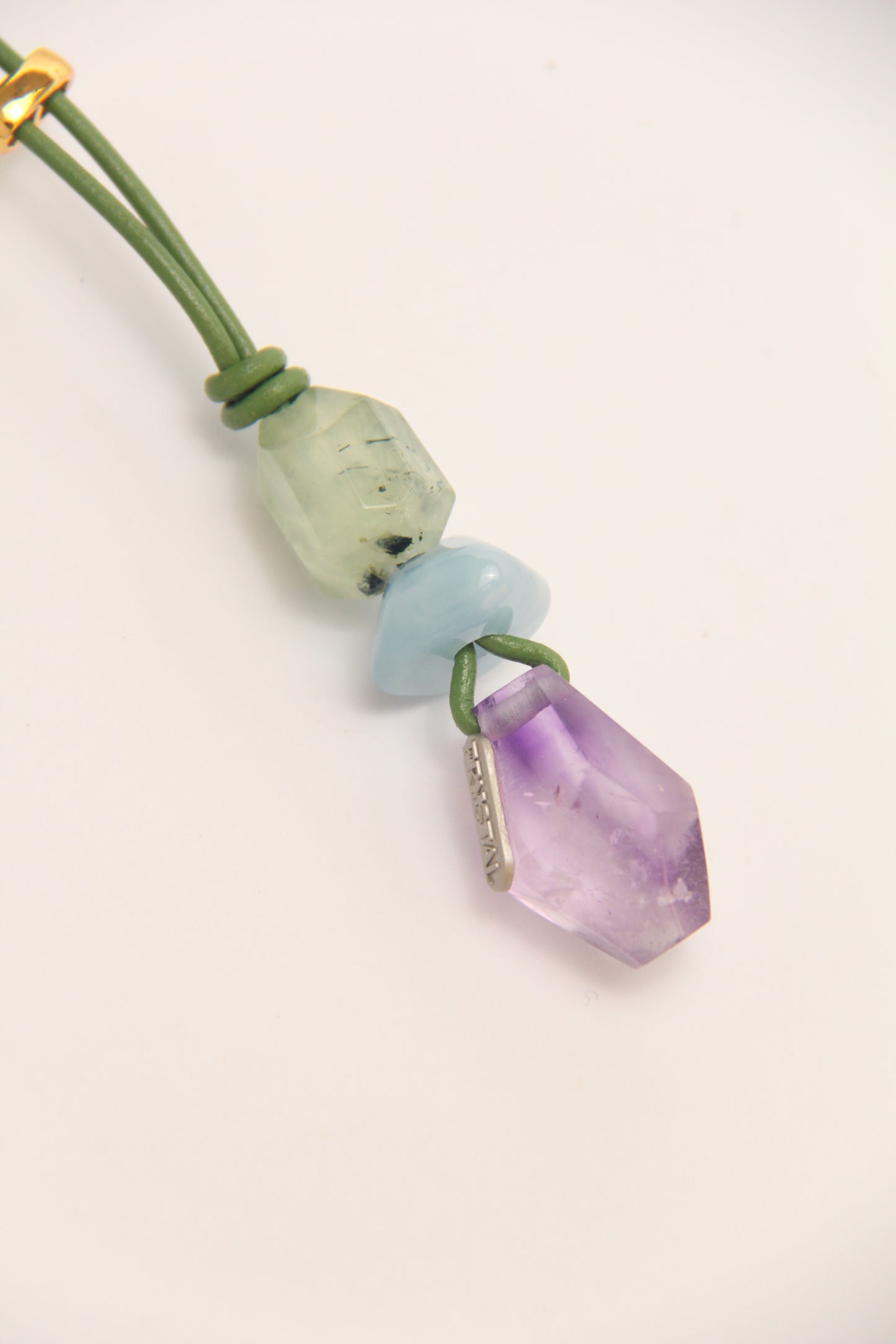 Pendant: prehnite, morganite, amethyst