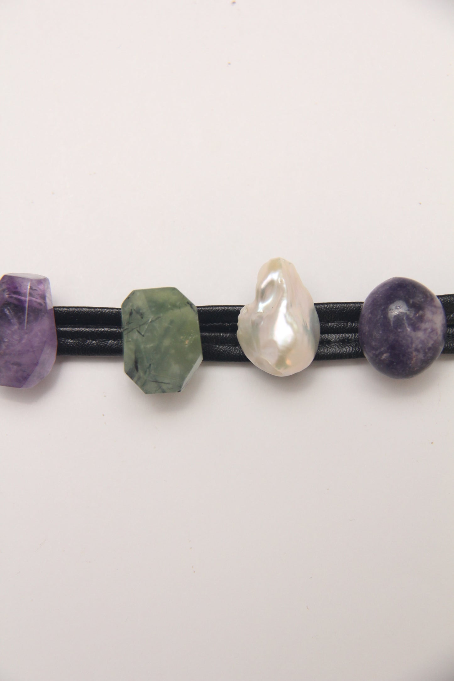 Bracelet: amethyst, prehnite, pearls, lepidolite