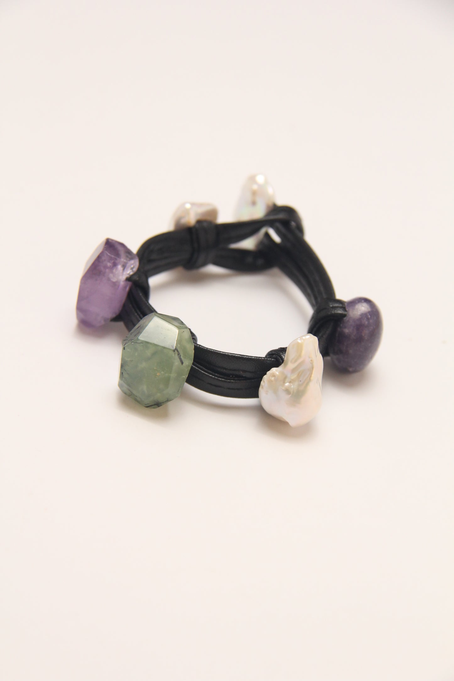 Bracelet: amethyst, prehnite, pearls, lepidolite