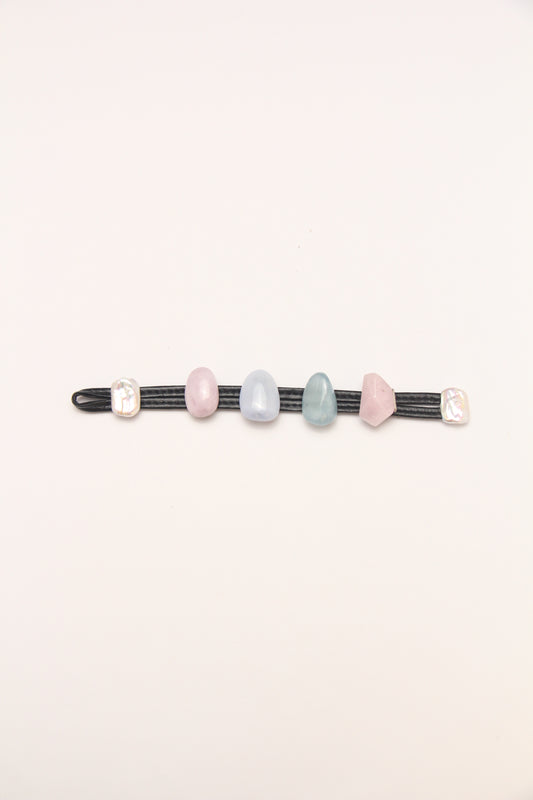 Bracelet: kunzite, blue lace agate, morganite, pearls