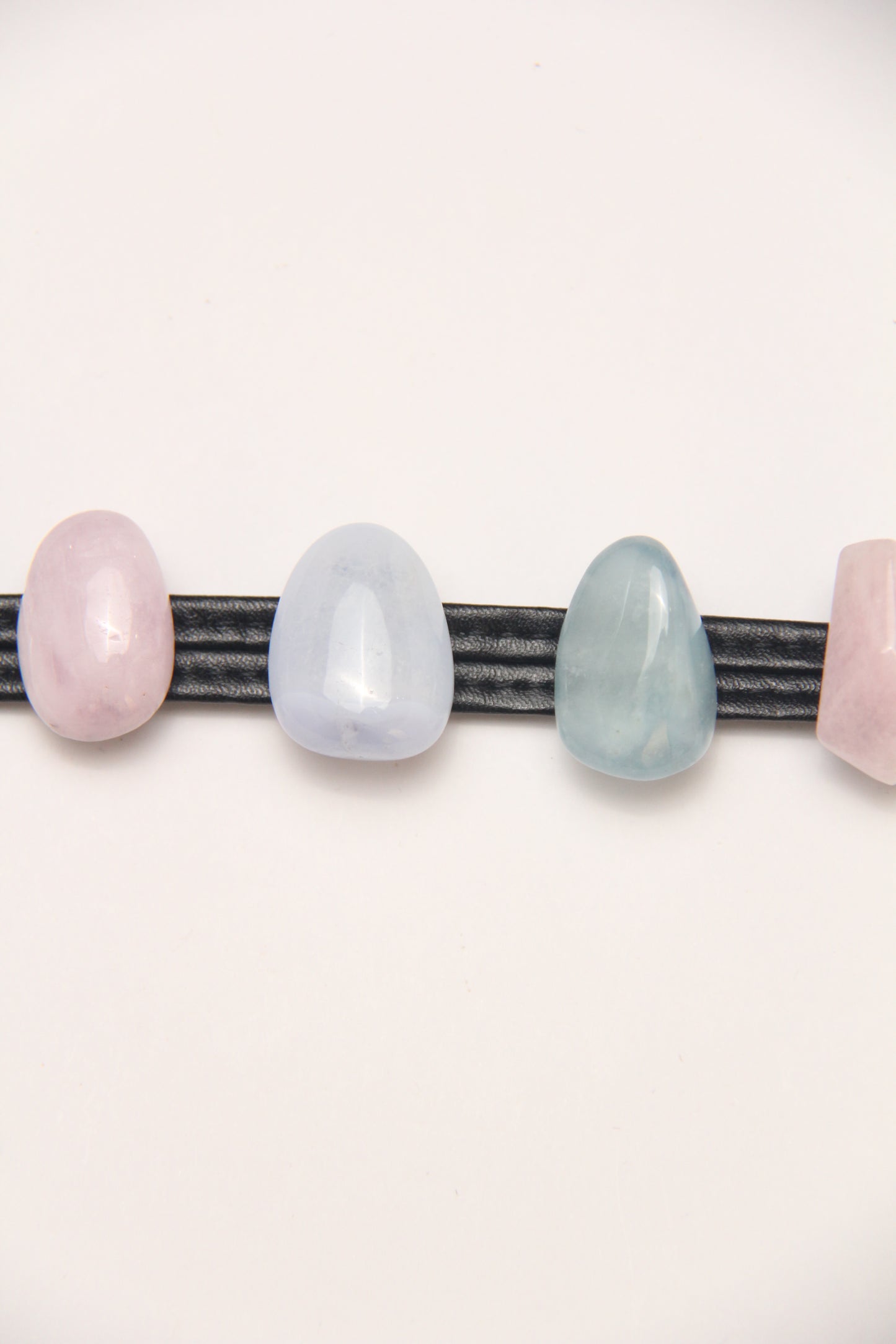 Bracelet: kunzite, blue lace agate, morganite, pearls