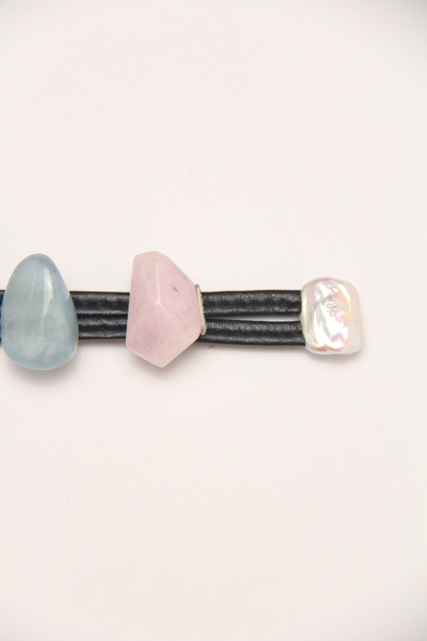 Bracelet: kunzite, blue lace agate, morganite, pearls