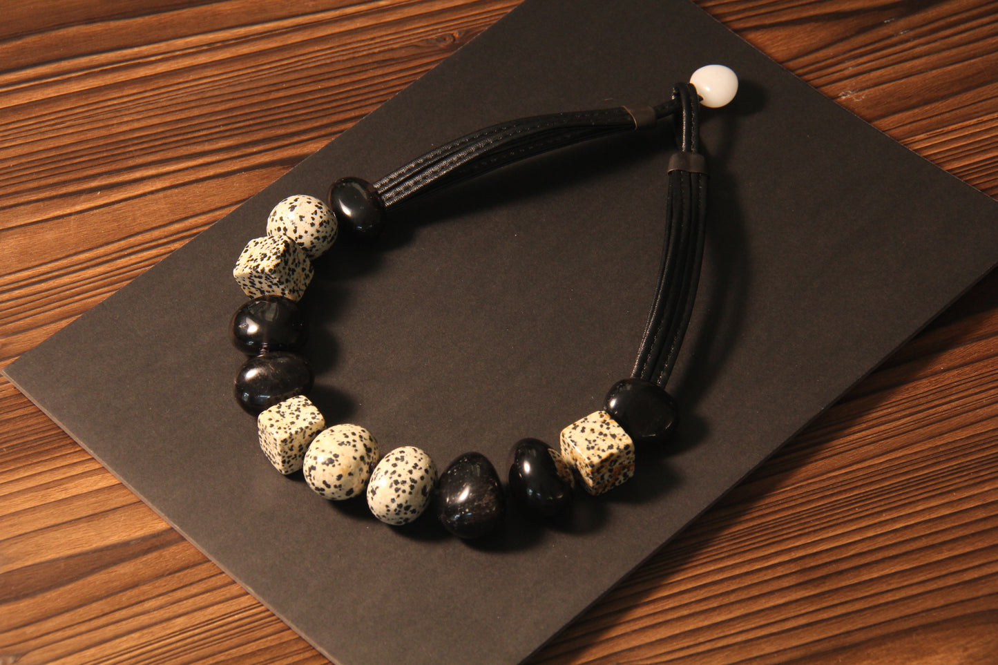 Necklace: obsidian, dalmatian jasper stone