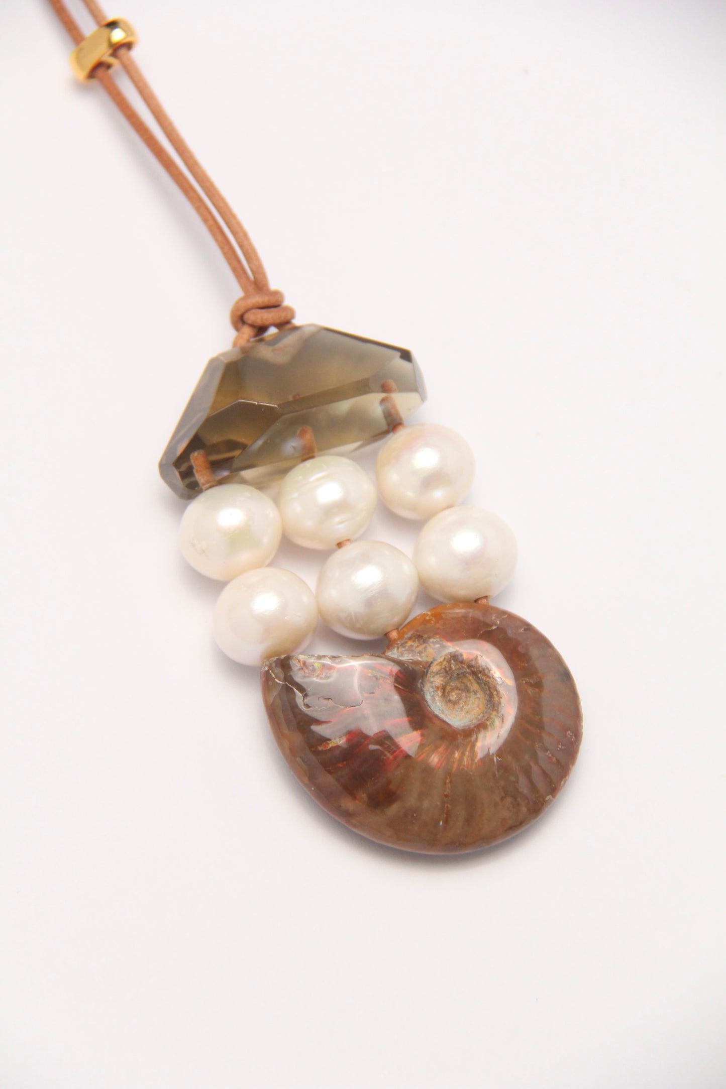 Pendant: ammonite, pearls, citrine