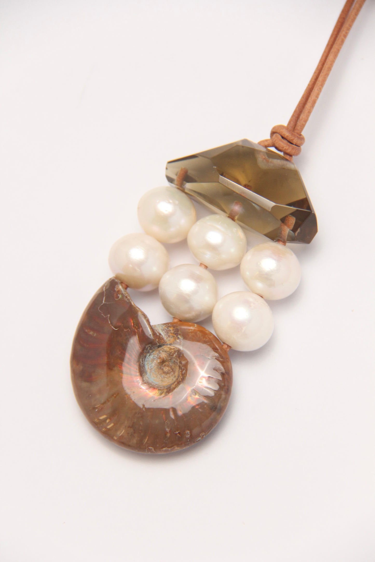 Pendant: ammonite, pearls, citrine