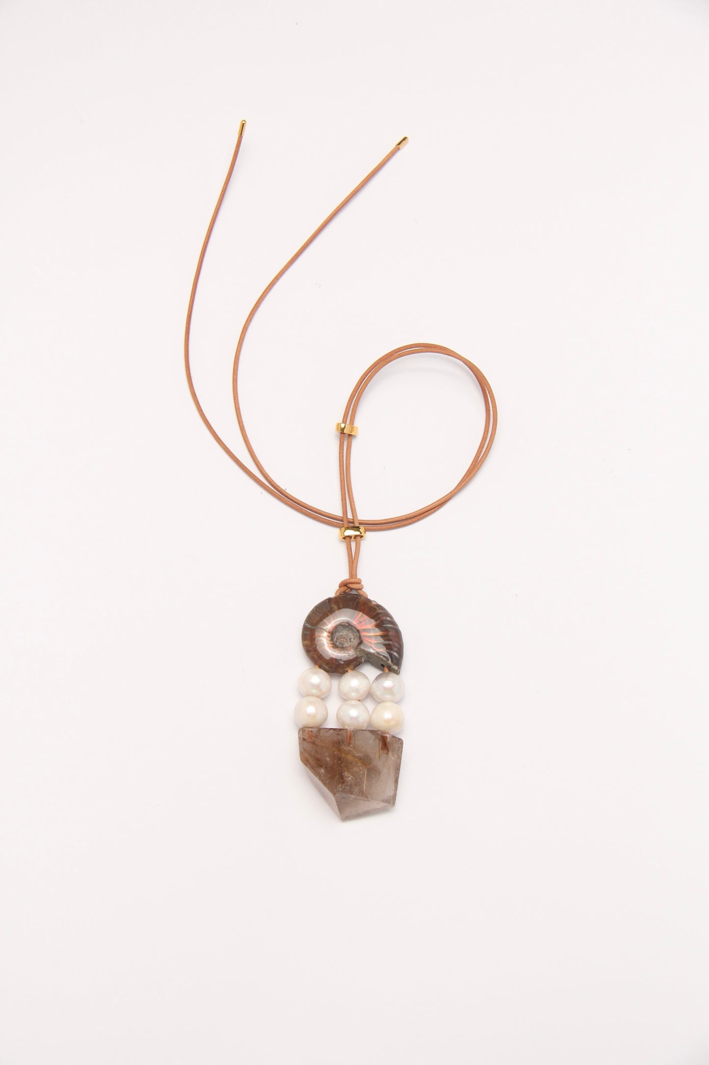 Pendant: ammonite, pearls, rutilated quartz