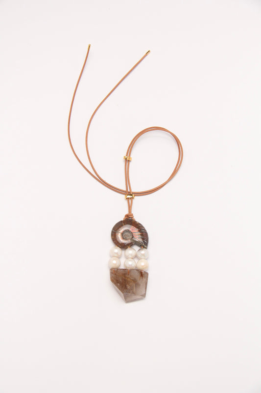 Pendant: ammonite, pearls, rutilated quartz